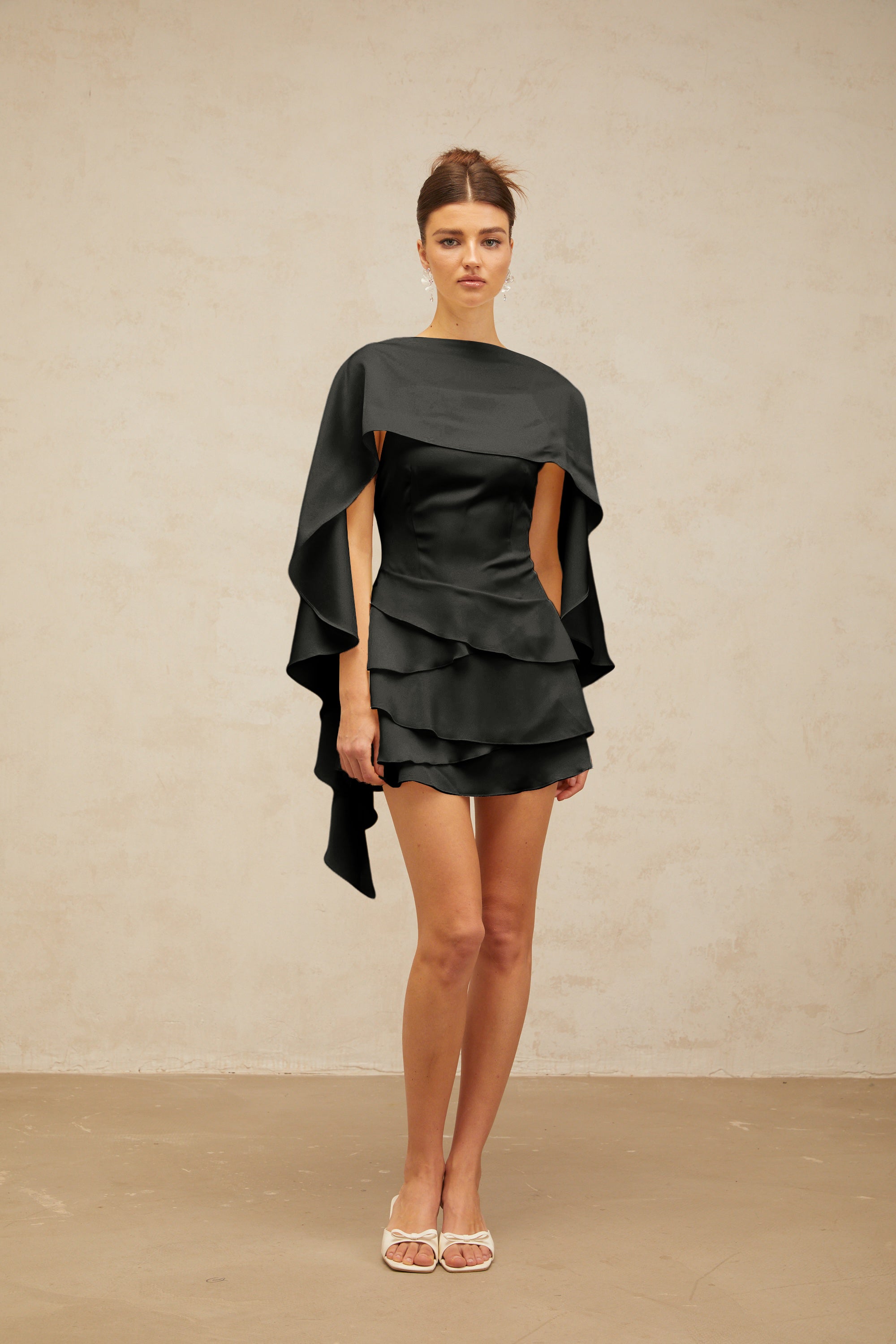 Lyna shawl-panel ruffled satin mini dress in Black