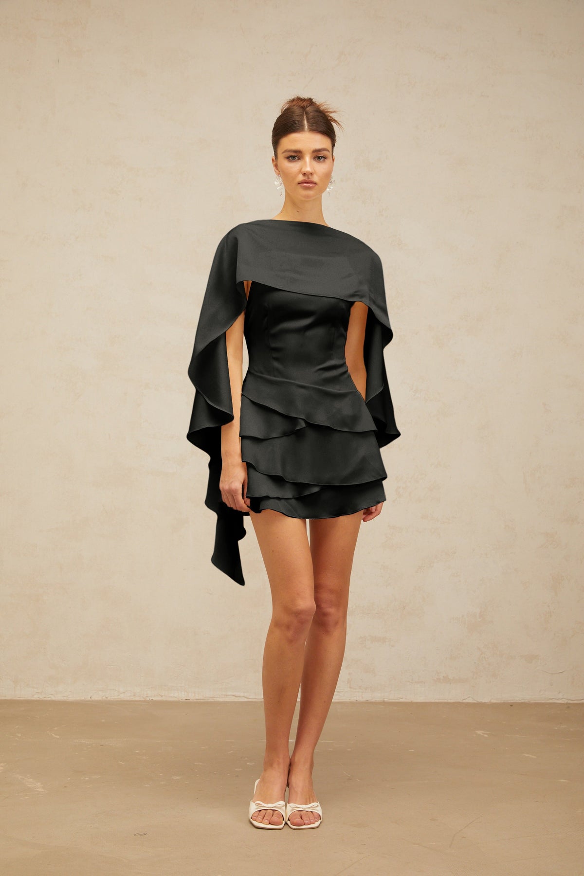 Lyna shawl-panel ruffled satin mini dress in Black