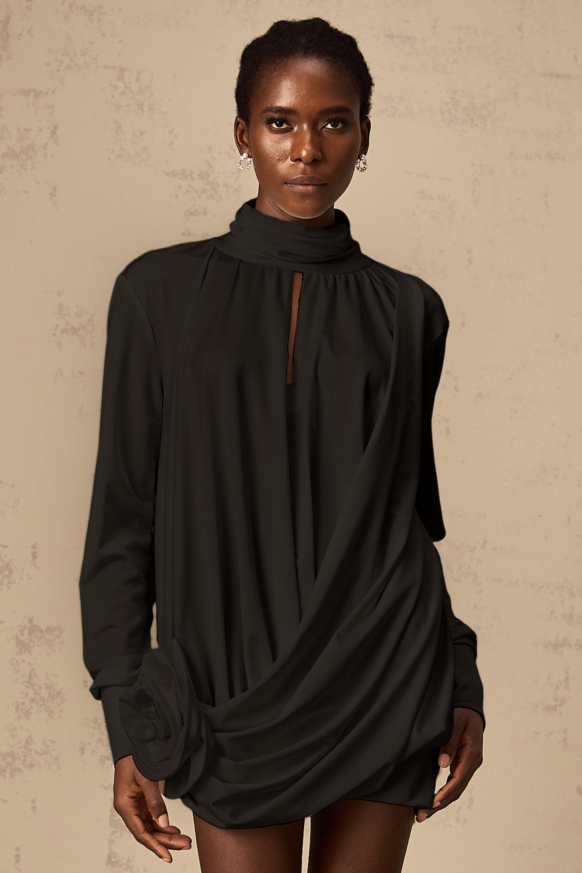 Maeva faux-flower ruched mini dress in Black (Final Sale-US Only)