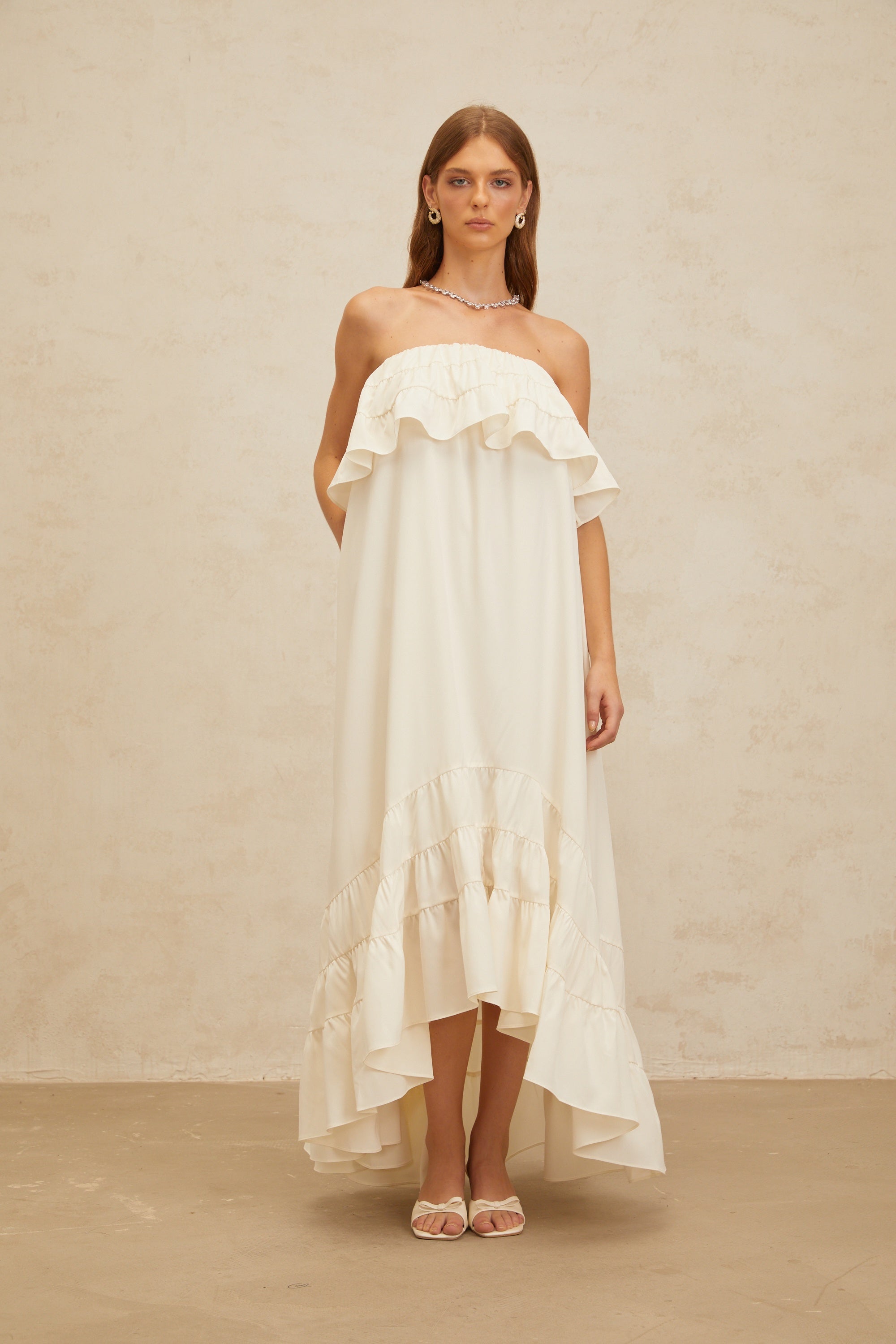 Bénédicte White Vibrant Off Shoulder Shirred Maxi Dress