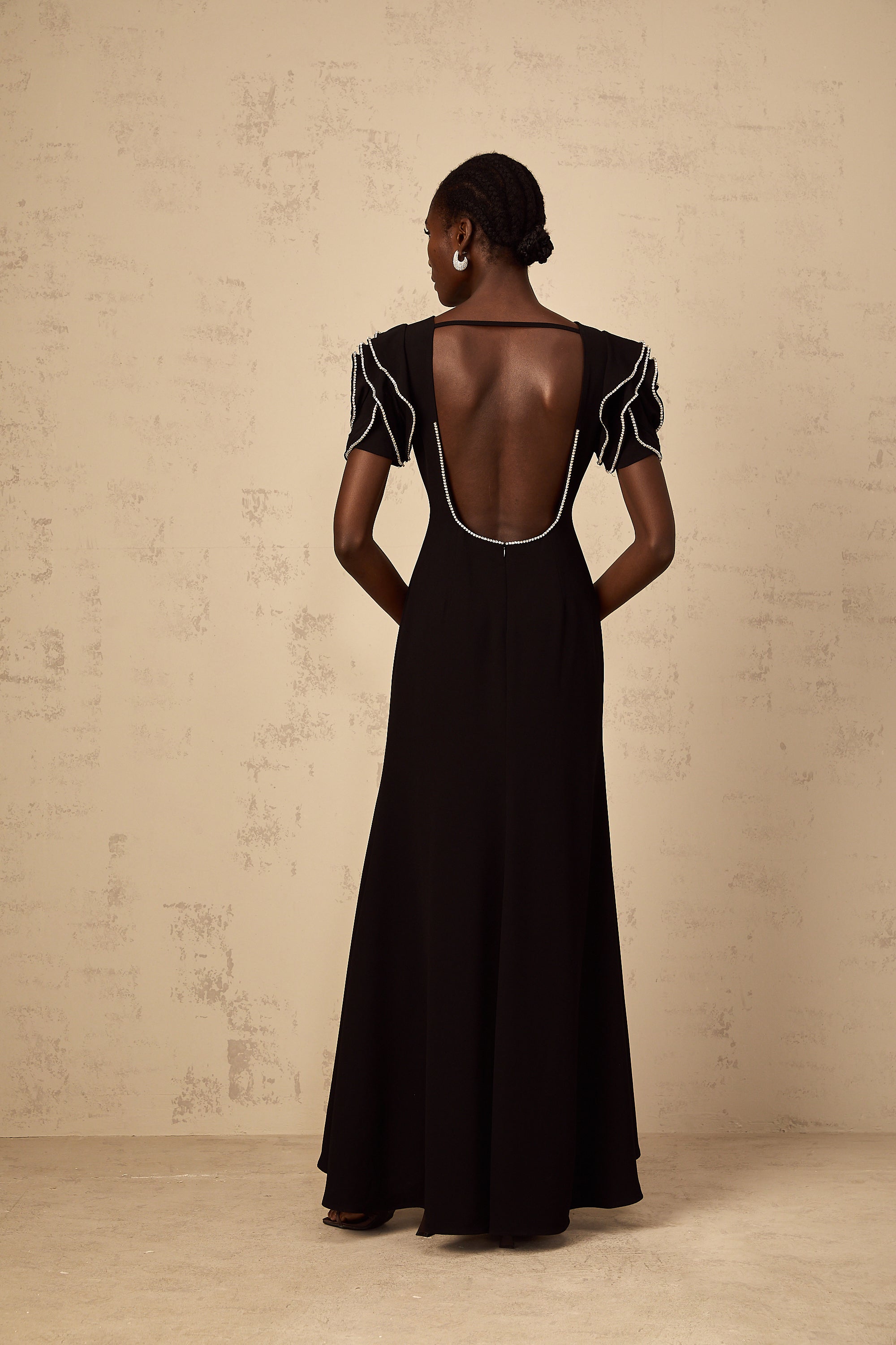 Bruyère Black Ruffled Embellished Maxi Dress
