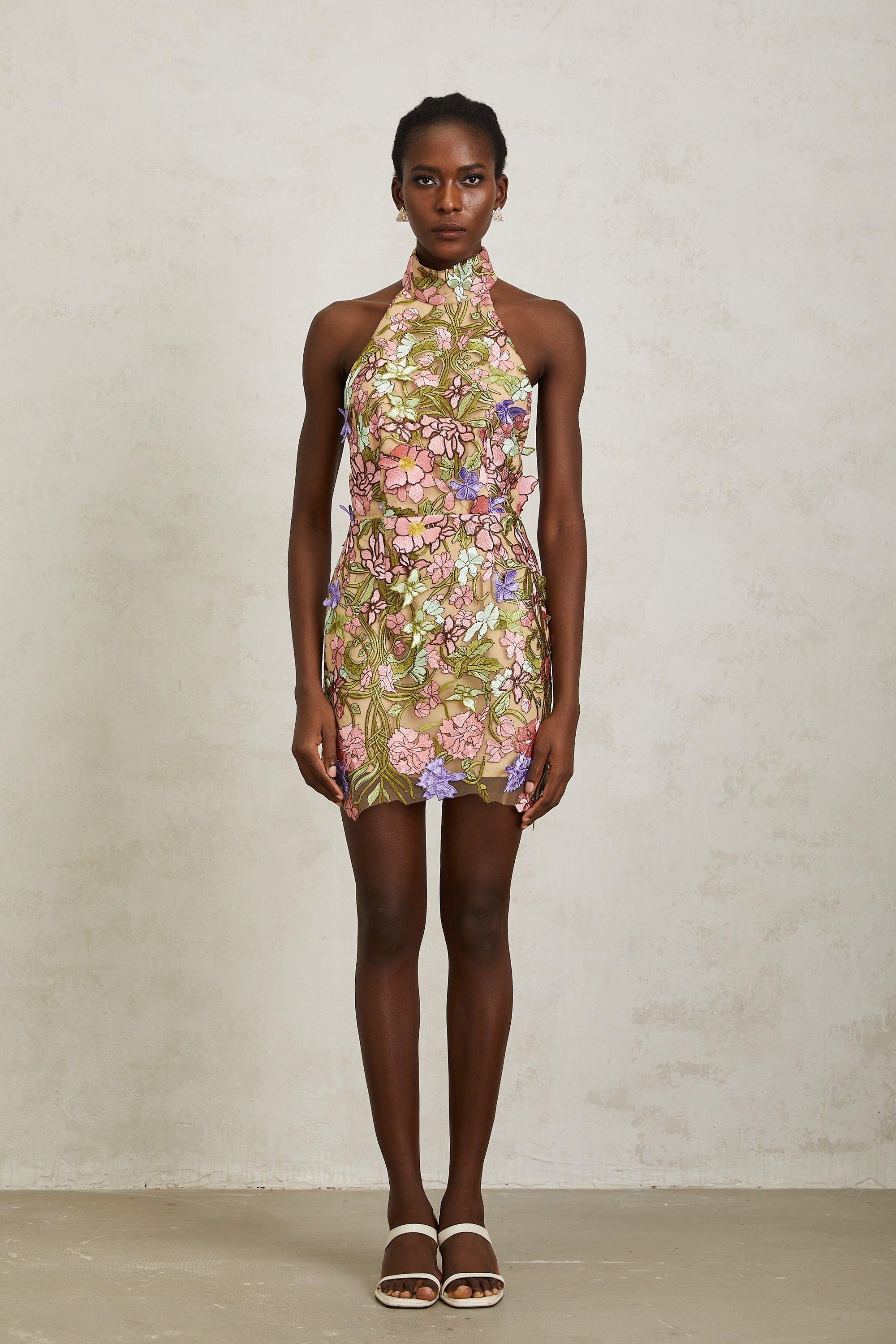 Consuelo Green Floral Embroidered Mesh Mini Dress