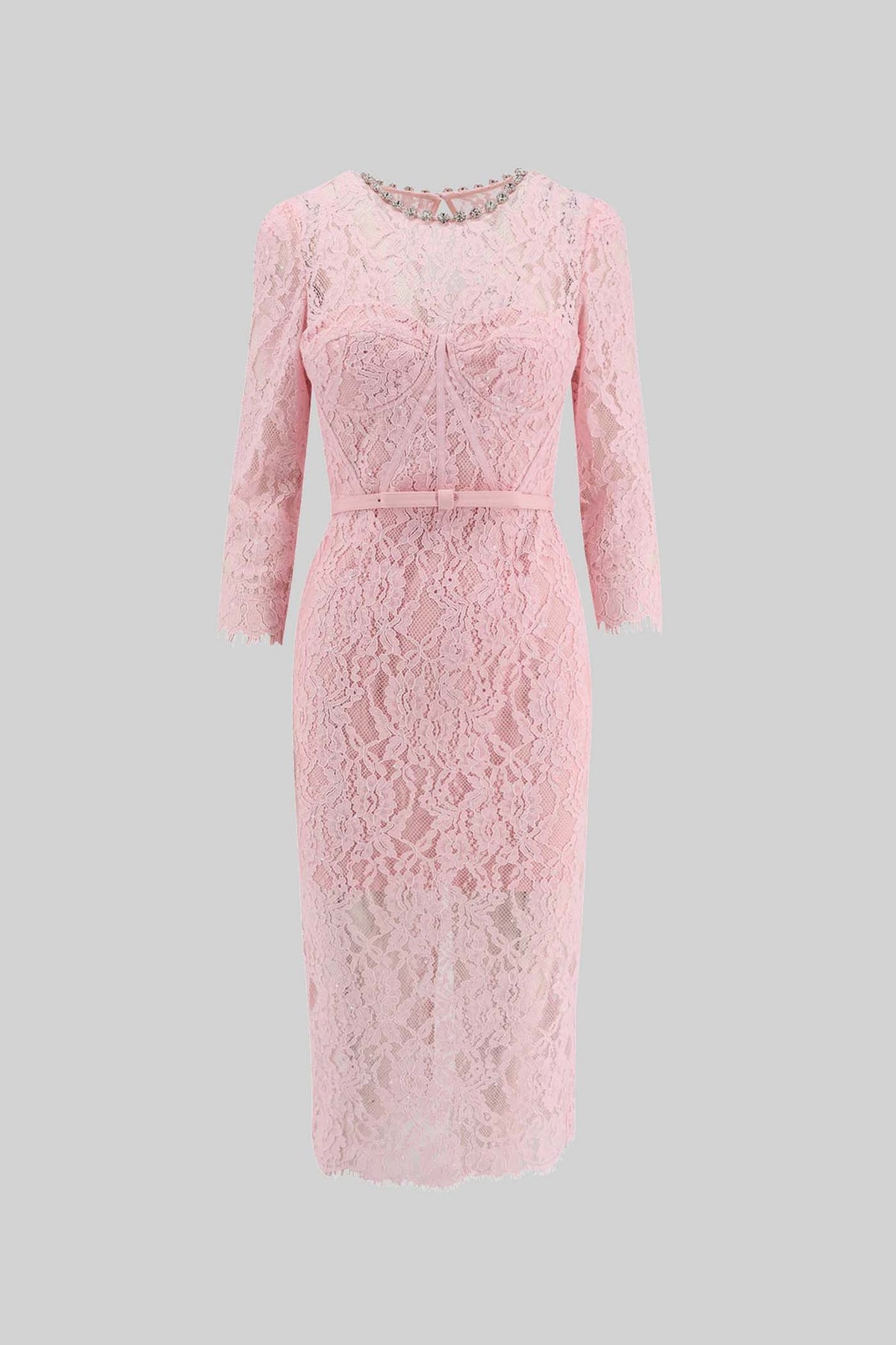 Elegant Long Sleeve Lace Dress With Matching Waist Belt - Pink