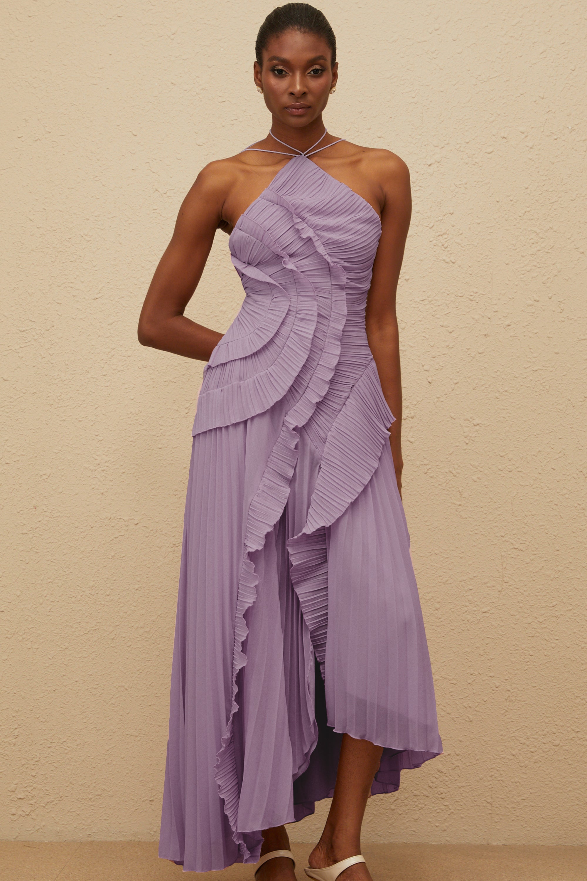 Doux Purple Ruffled Trim Pleated Midi Dress (Final Sale-US Only)