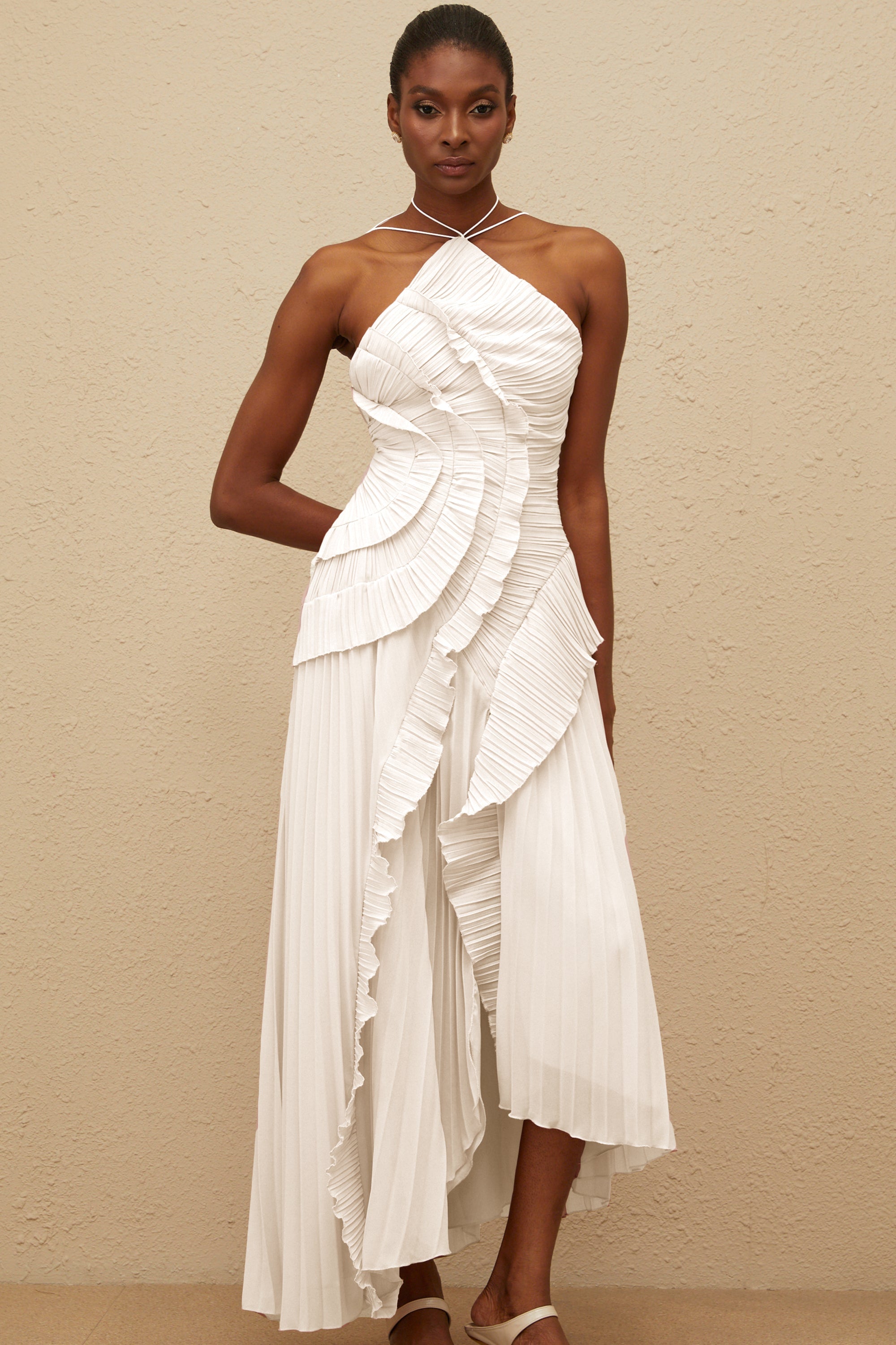 Doux White Ruffled Trim Pleated Midi Dress (Final Sale-US Only)