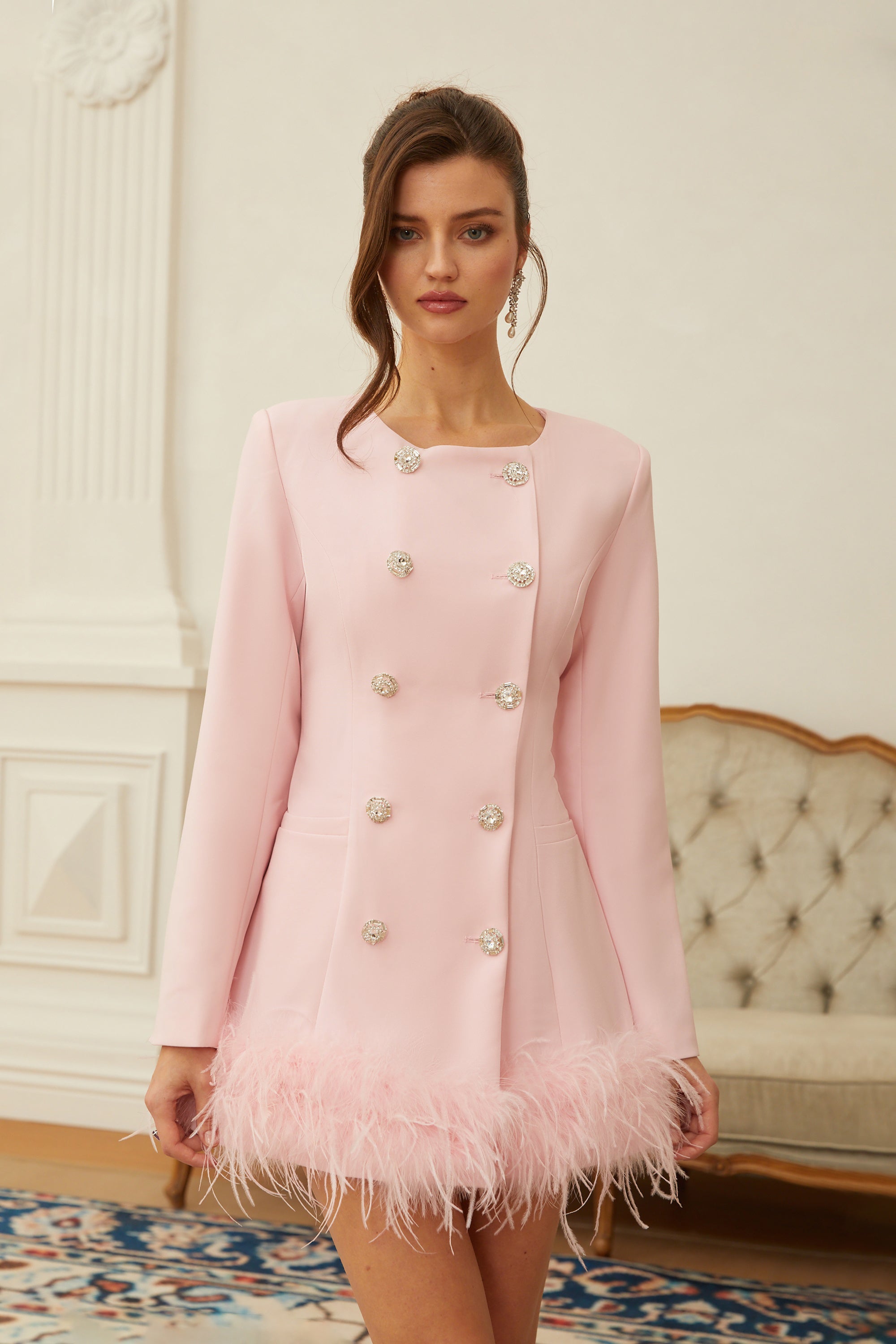Freja Pink Feather Trim Mini Blazer Dress (Final Sale-US Only)