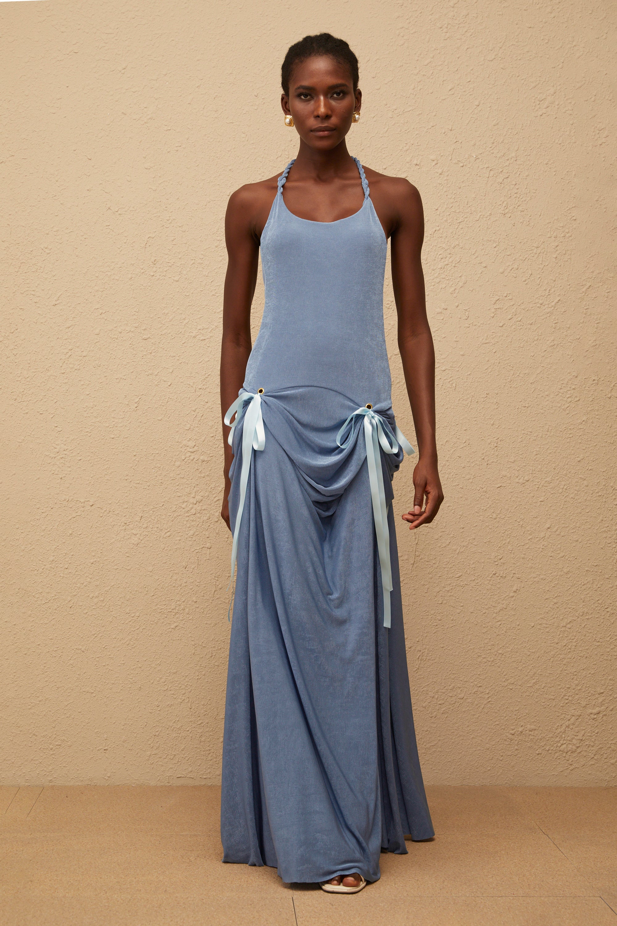 Adèle Blue Bowknot Velvet Maxi Dress (Final Sale-US Only)