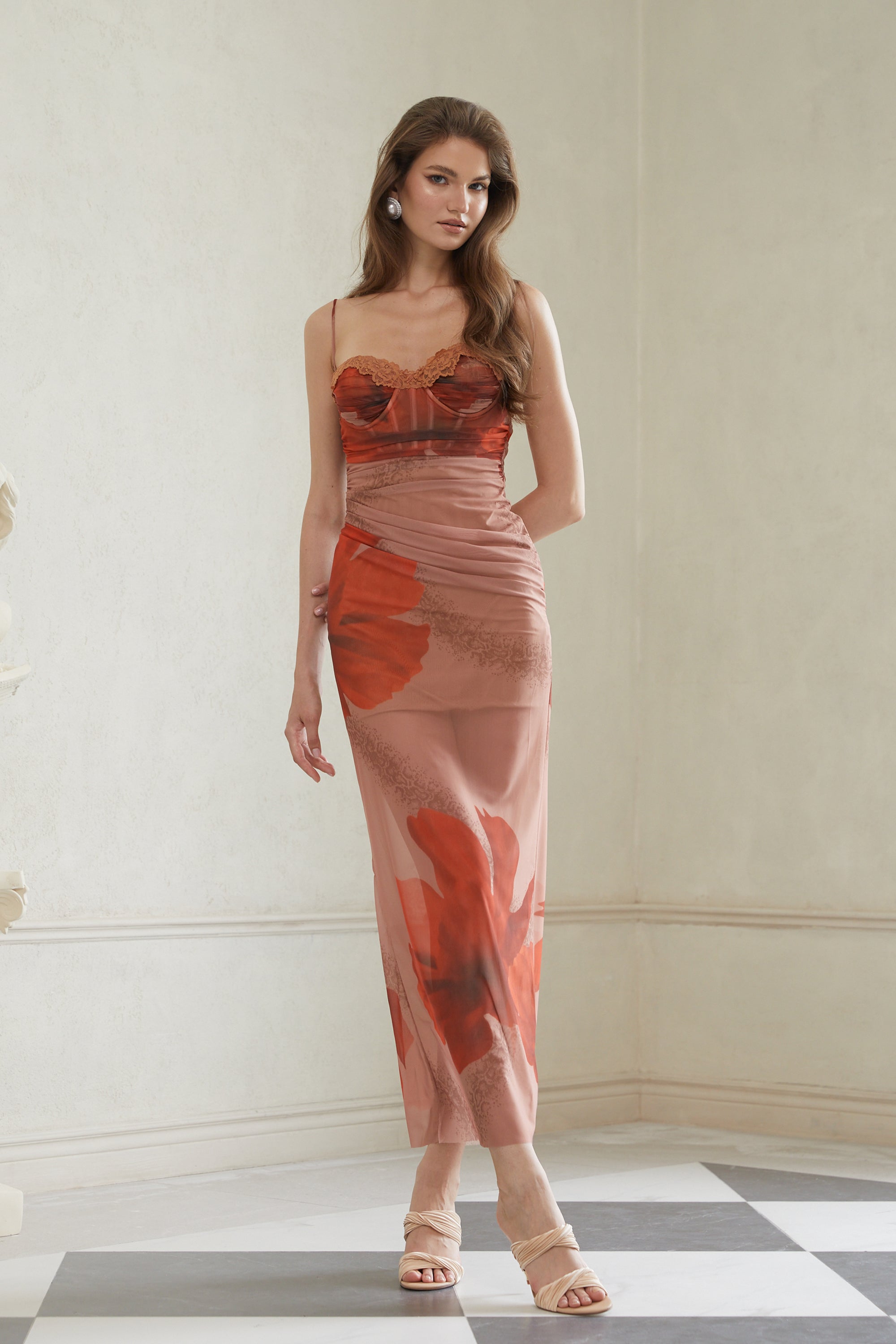 Églantine Brown Floral Print Mesh Maxi Dress