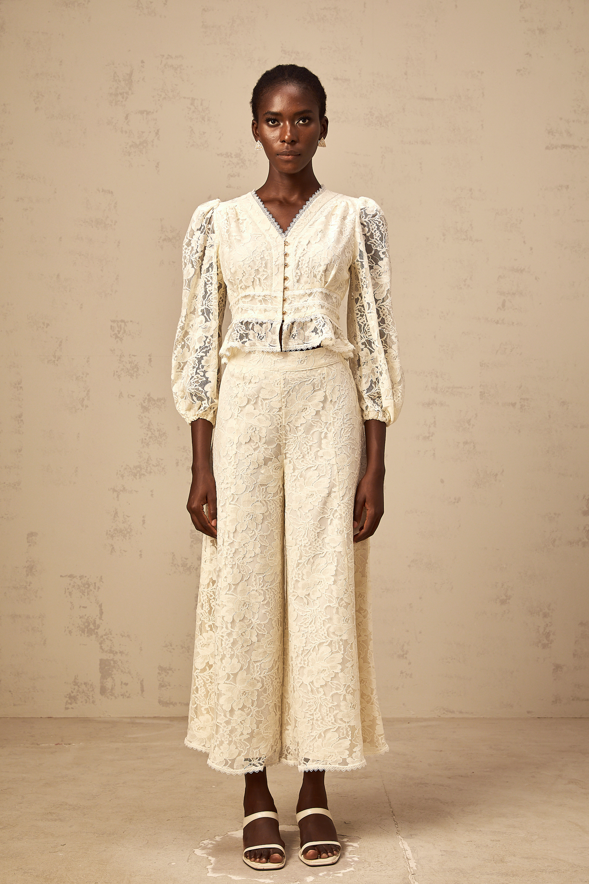 Jacinthe neutrals floral-lace blouse & trousers matching set
