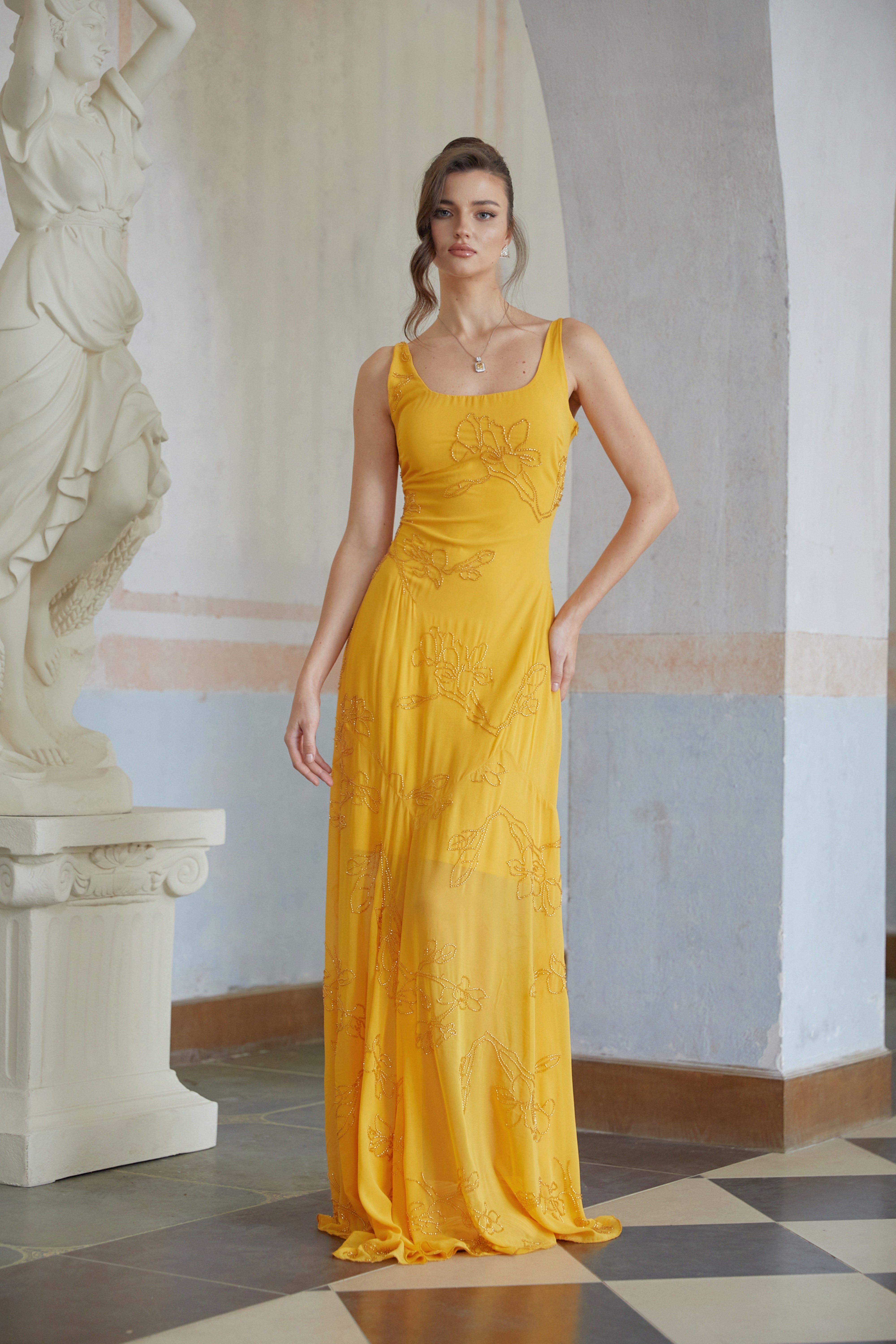 Ellie Yellow Rhinestone Floral Jacquard Maxi Dress