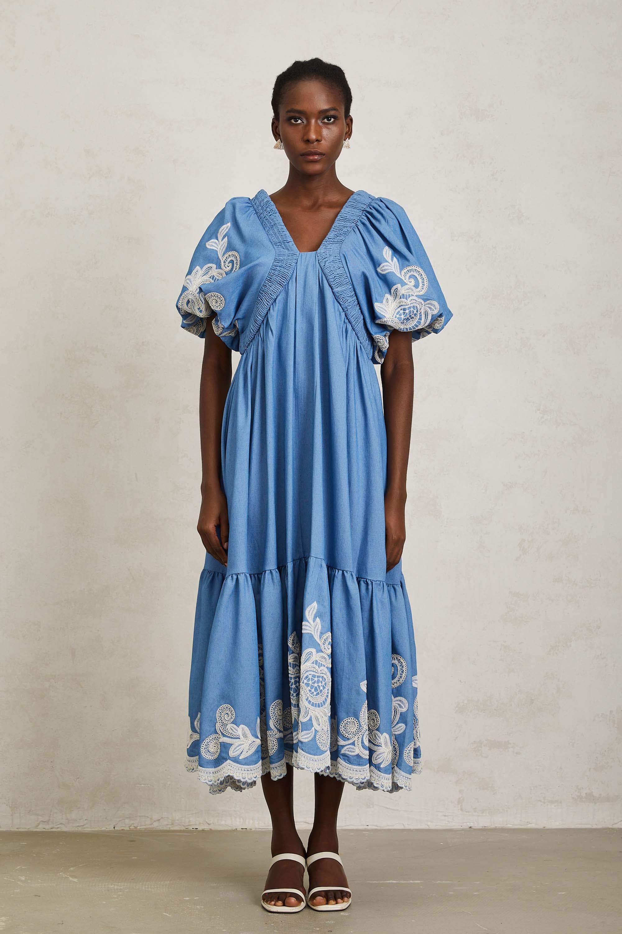 Héloïse Blue Floral Embroidered Shirred Midi Dress