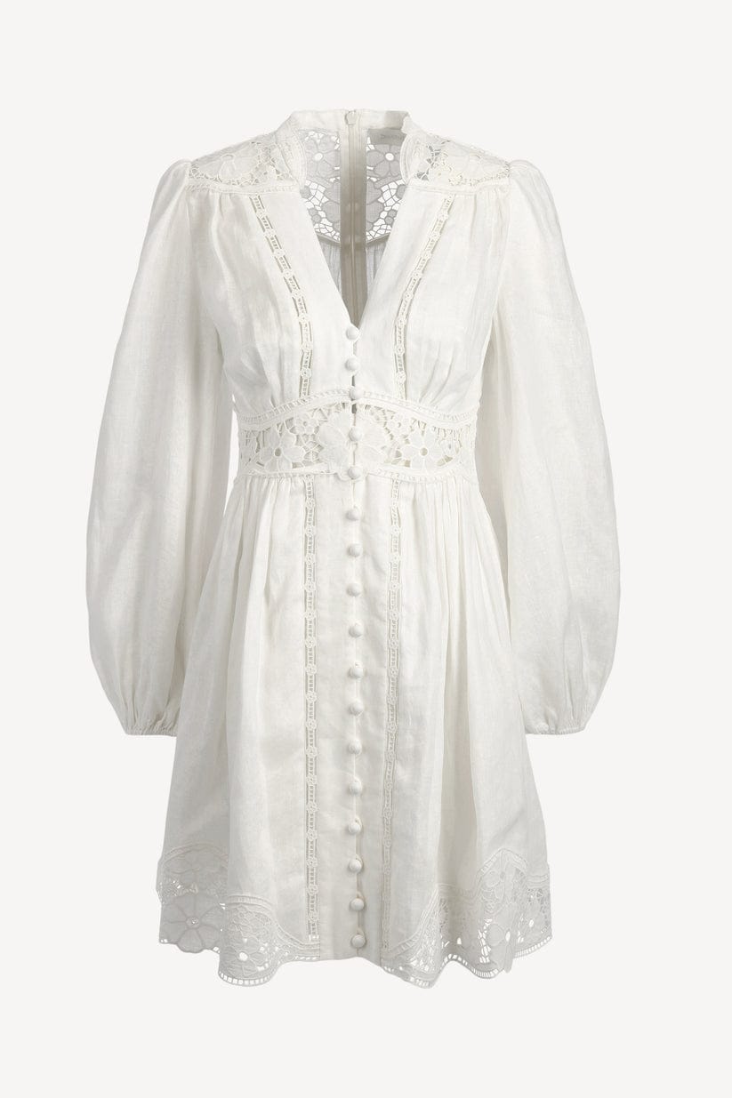 MADDY August Plunge Broderie White Cotton Linen Lace Mini Dress - Long Sleeves, V-Neck | MADDY PARIS