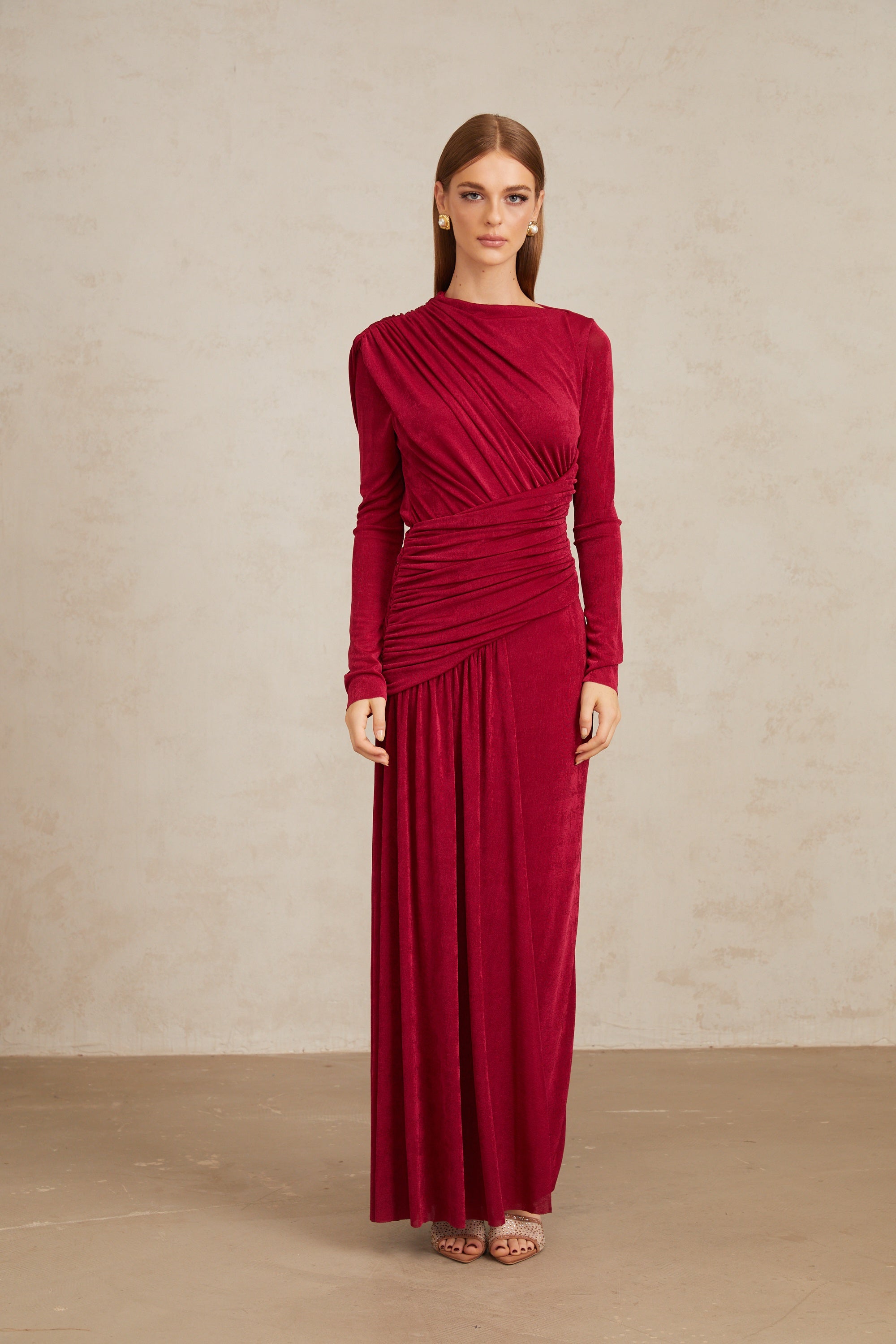Charme Red Ruched Maxi Dress
