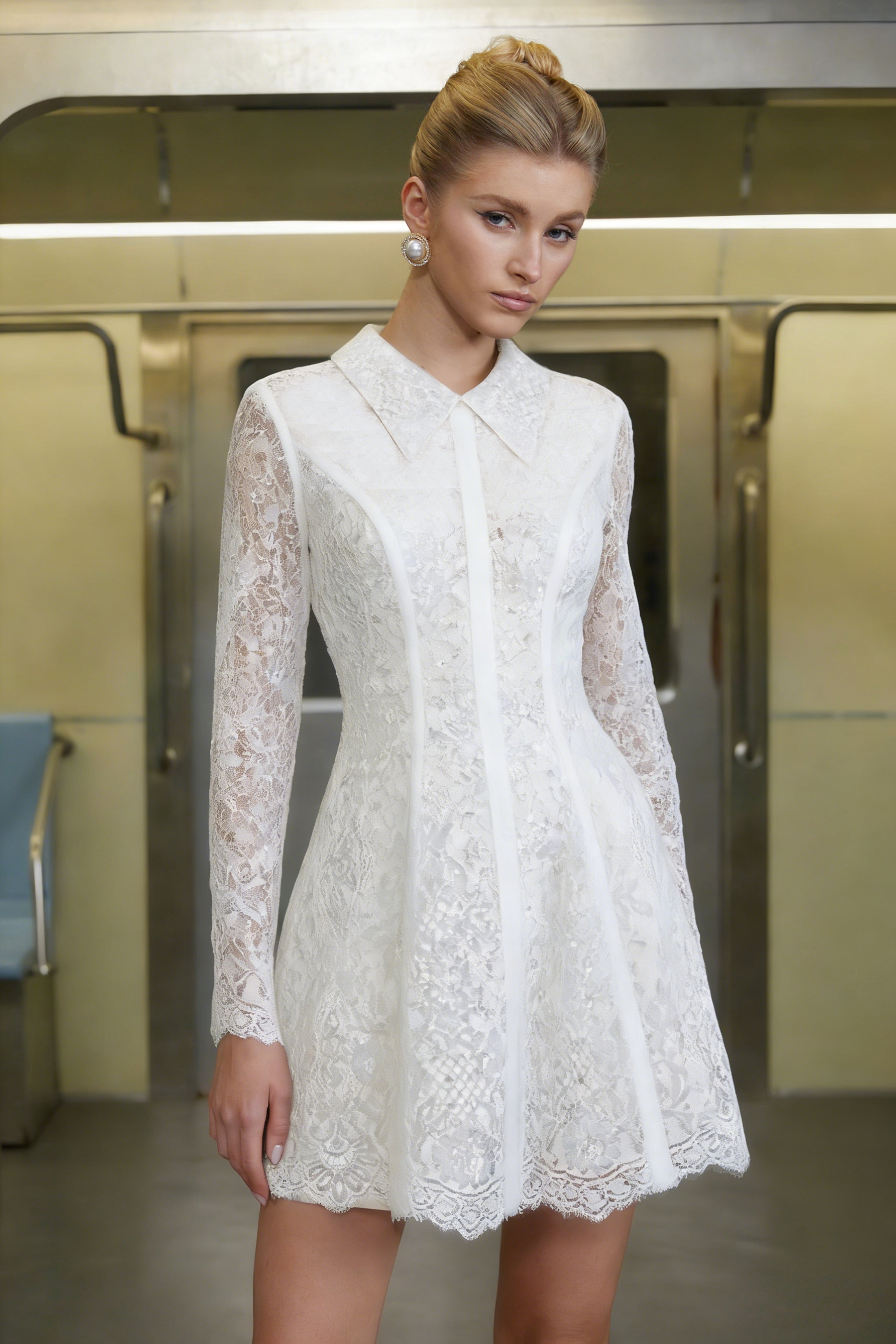 Aleksandra White Sequin Floral Lace Mini Dress (Final Sale)