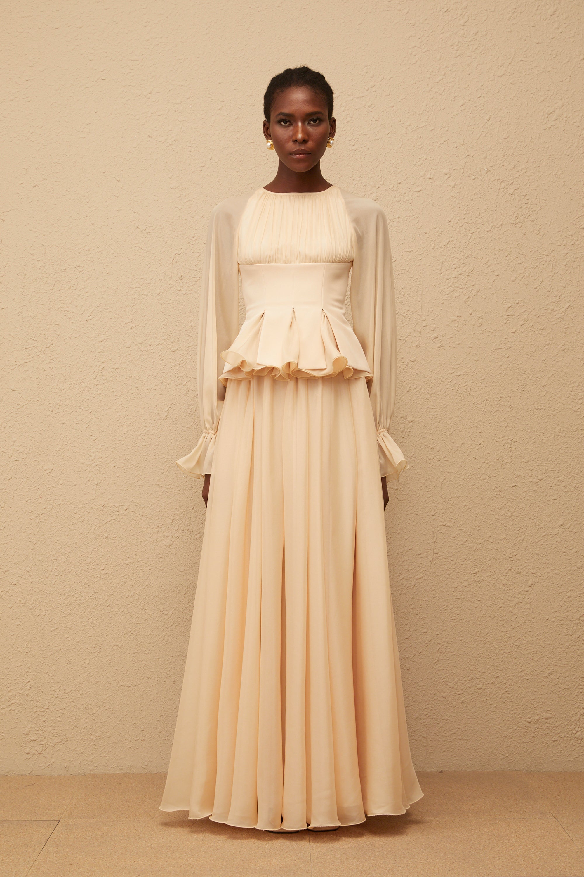 Zéphyrine Neutral Shirred Chiffon Blouse & Skirt Set
