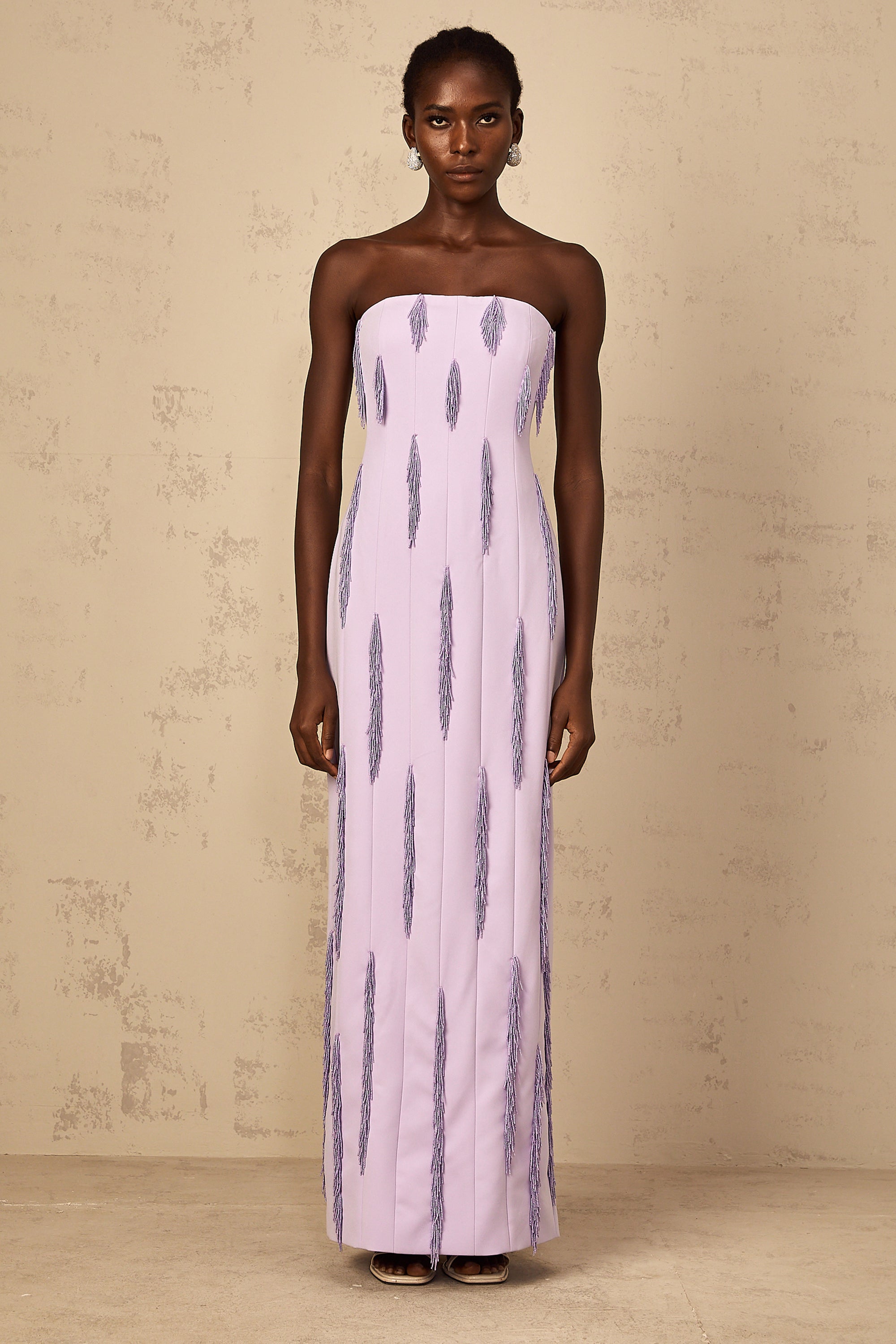 Émilie Purple Beaded Fringed Detail Maxi Dress