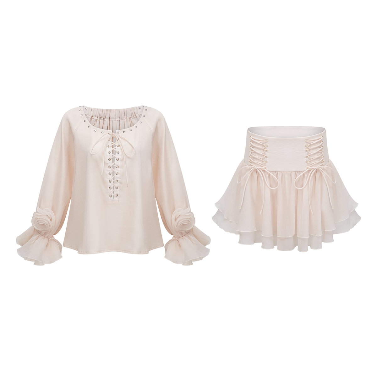 Perrine self-tie ruffled blouse & skirt matching set