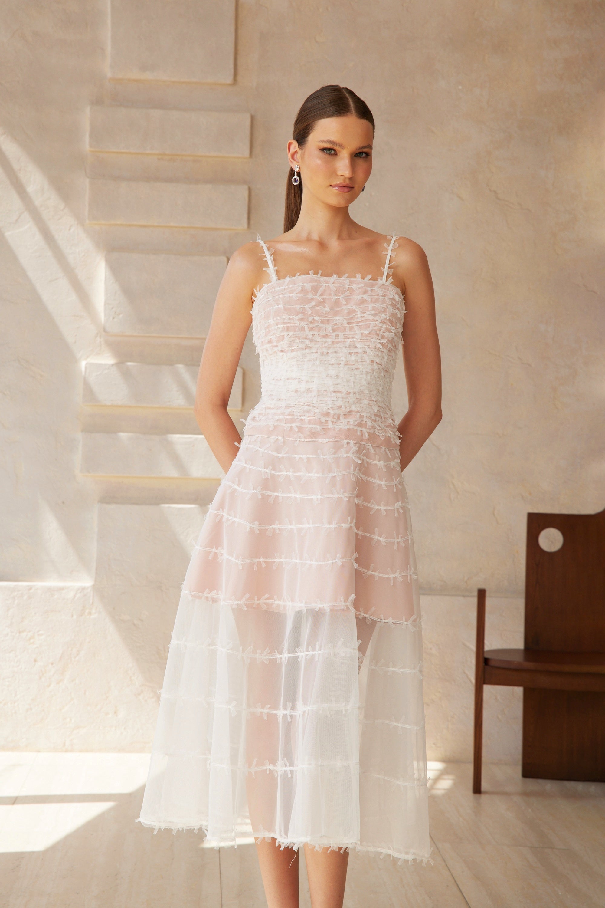 Eléonore White Creased Tulle Midi Dress
