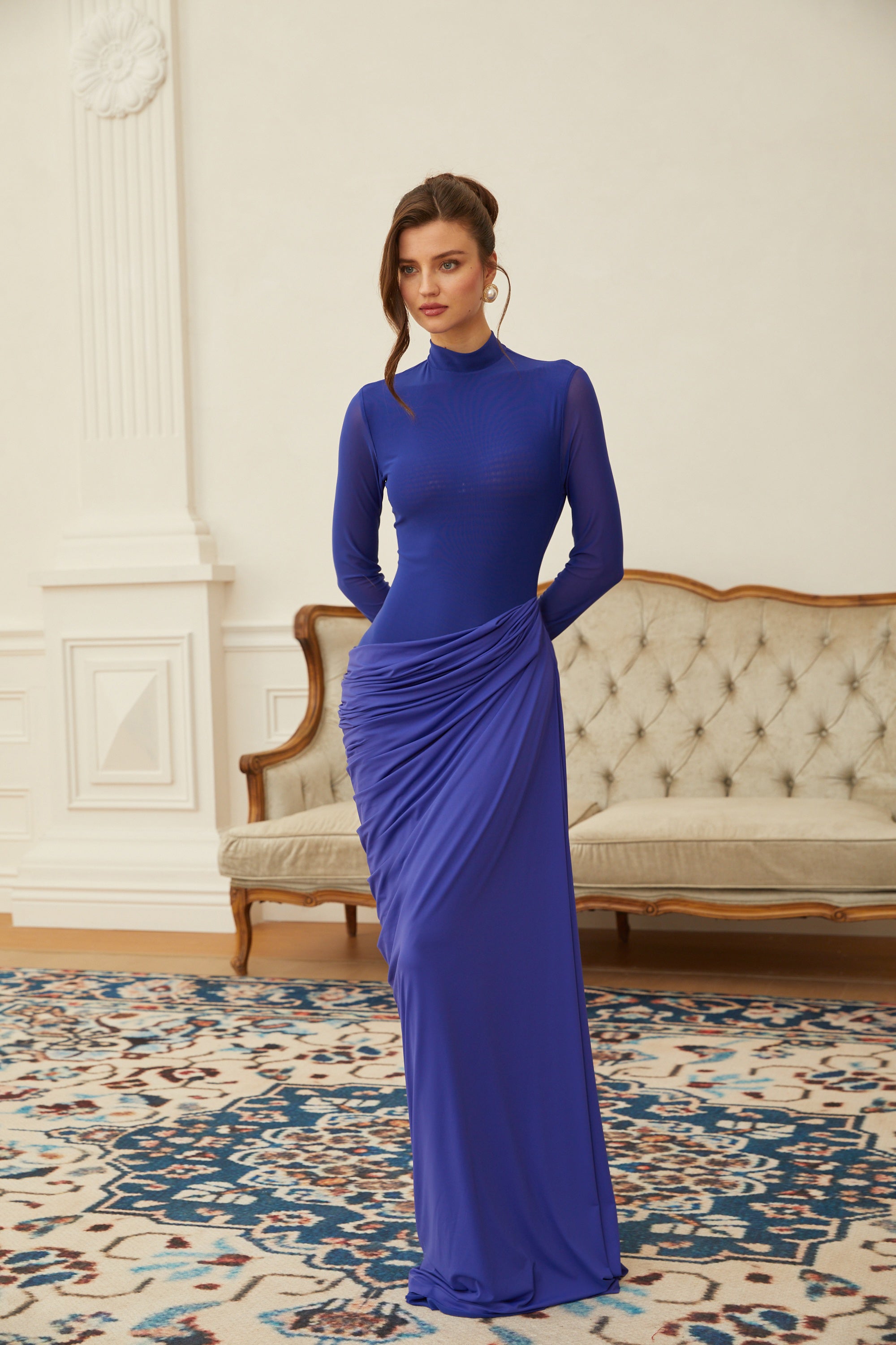 Éva Blue Draped Gathered Maxi Dress
