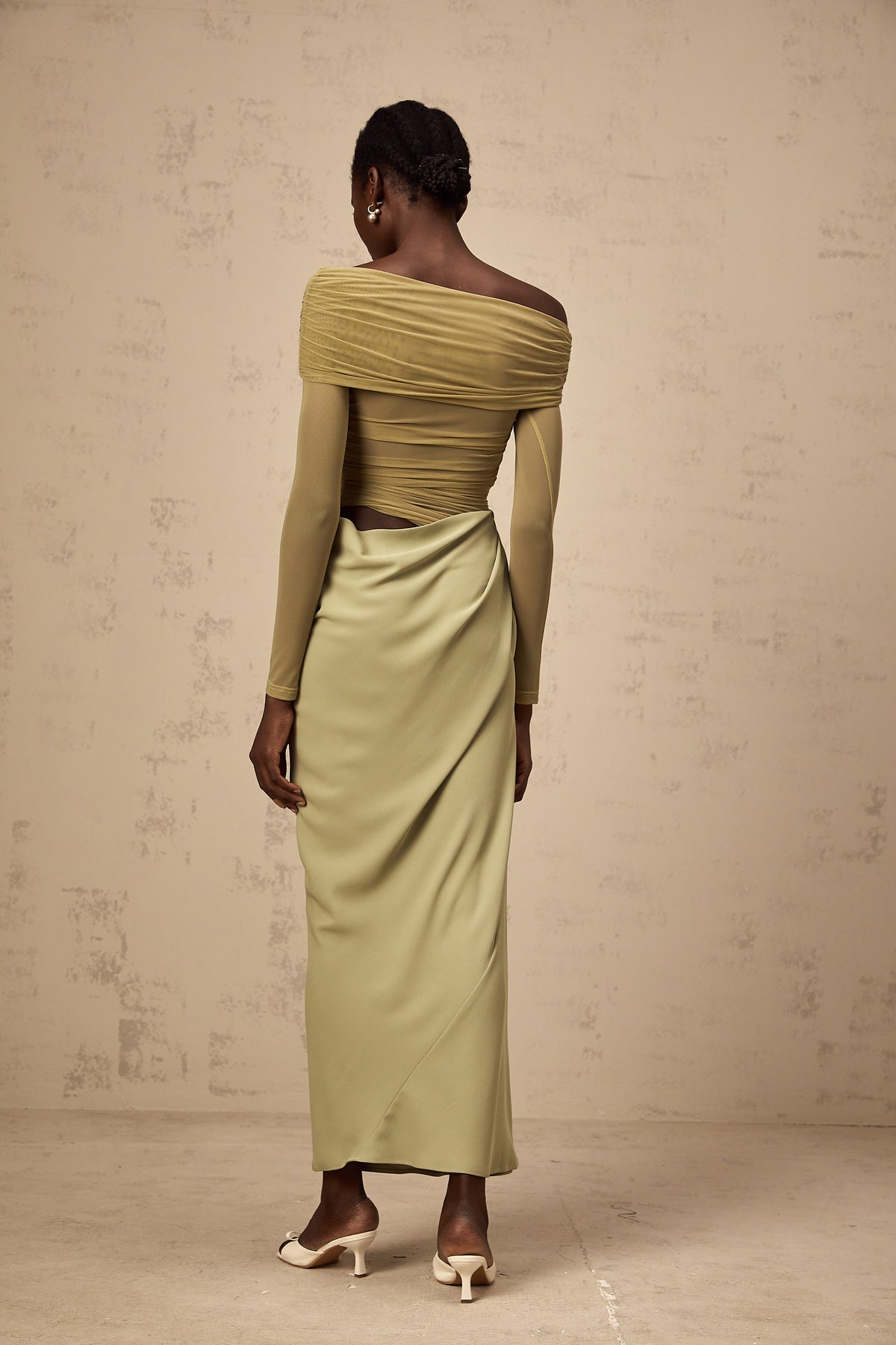 Estelle off-shoulder semi-sheer midi dress in Green (Final Sale-US Only)