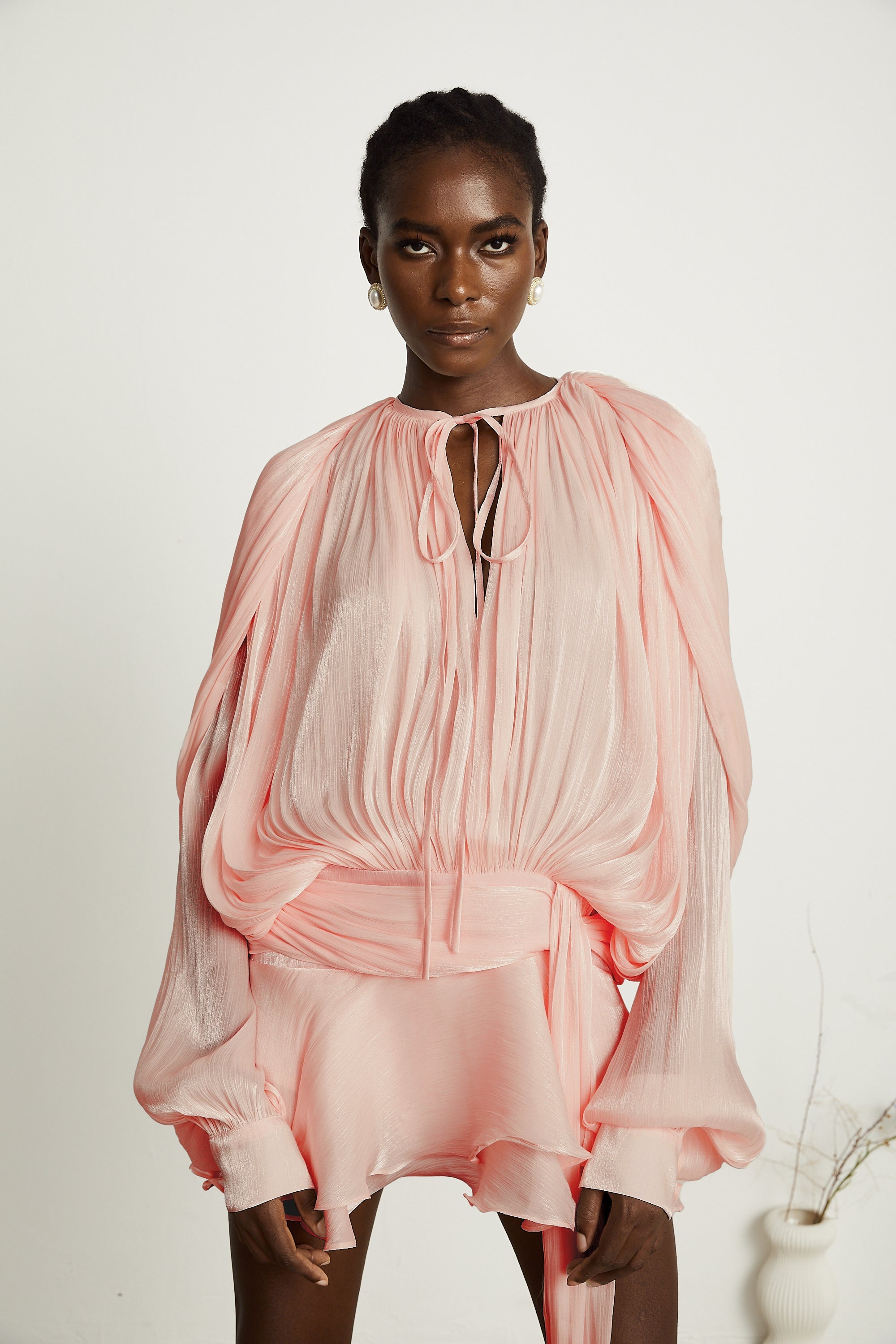 Eugénie fully-pleated ruffled mini dress in Pink