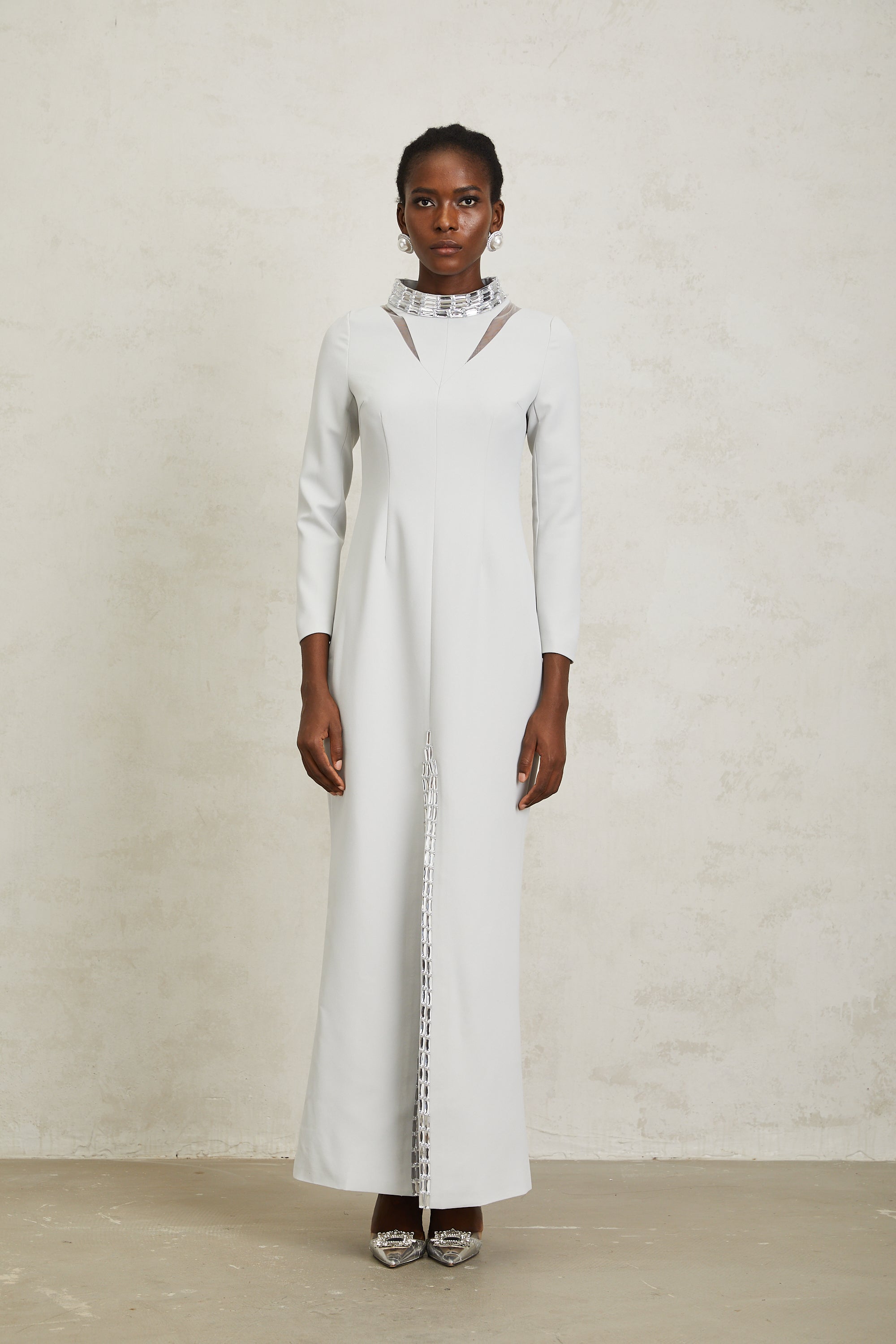 Magdalena Light Grey Crystal Embellished Maxi Dress - white