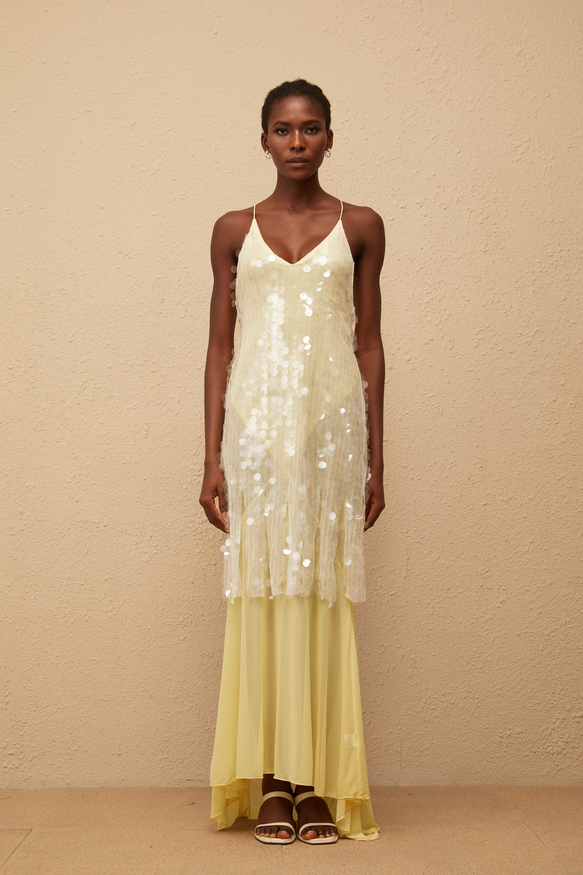 Joyau Yellow Sequin Mesh Maxi Dress