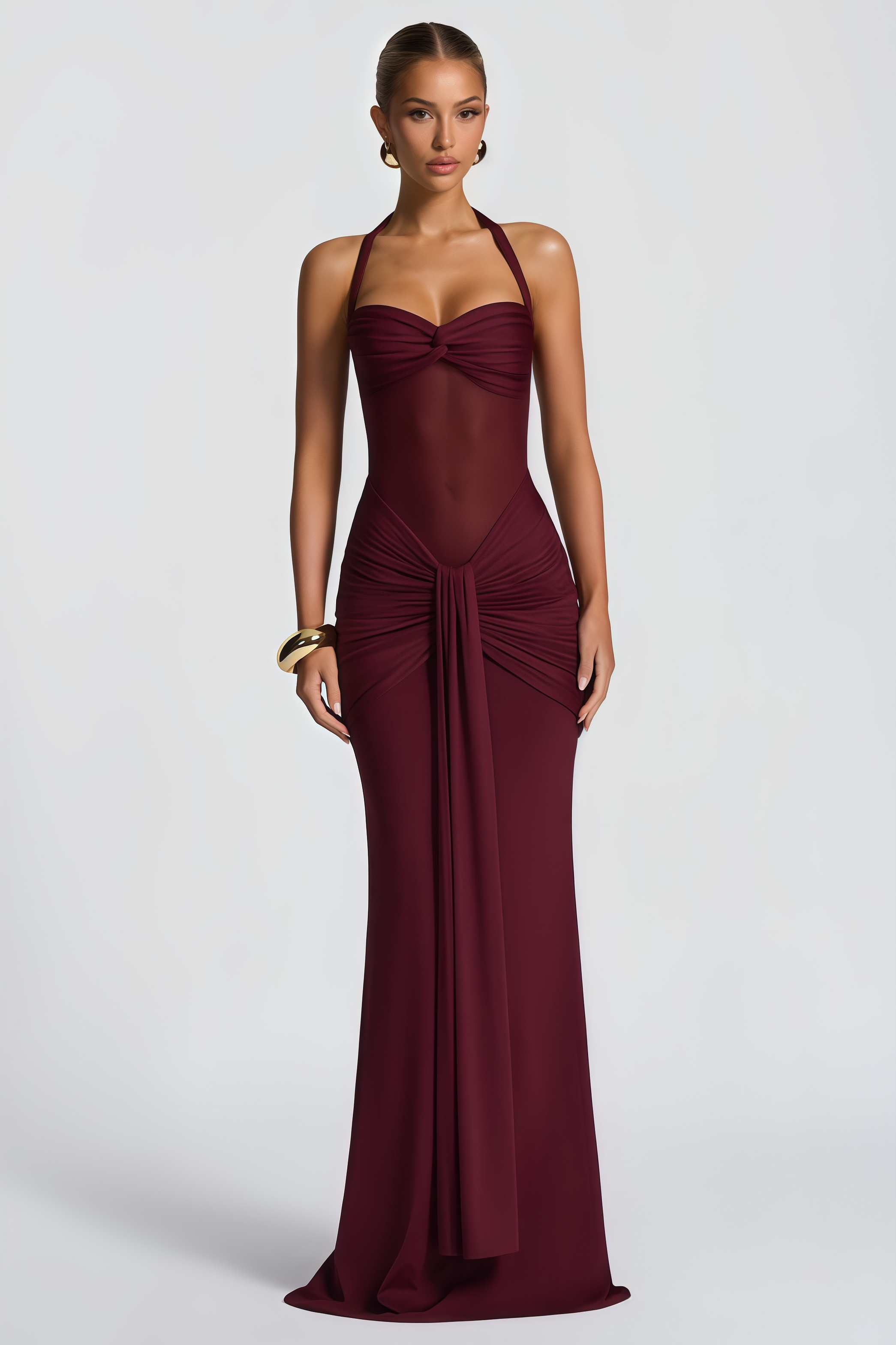 Amandine Burgundy Halterneck Gathered Maxi Dress (Final Sale-US Only)