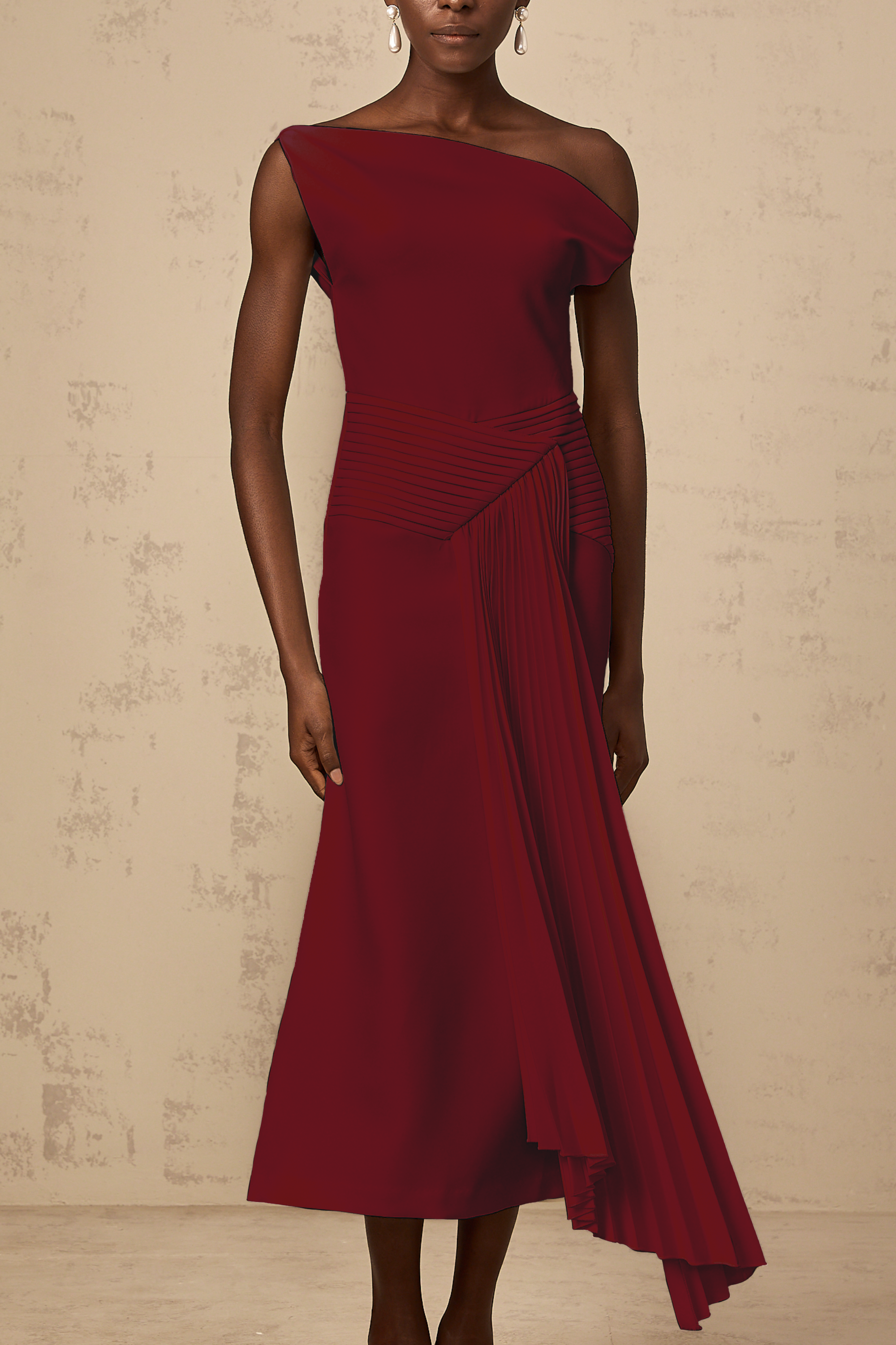 Laurine asymmetrical draped midi dress in Burgundy