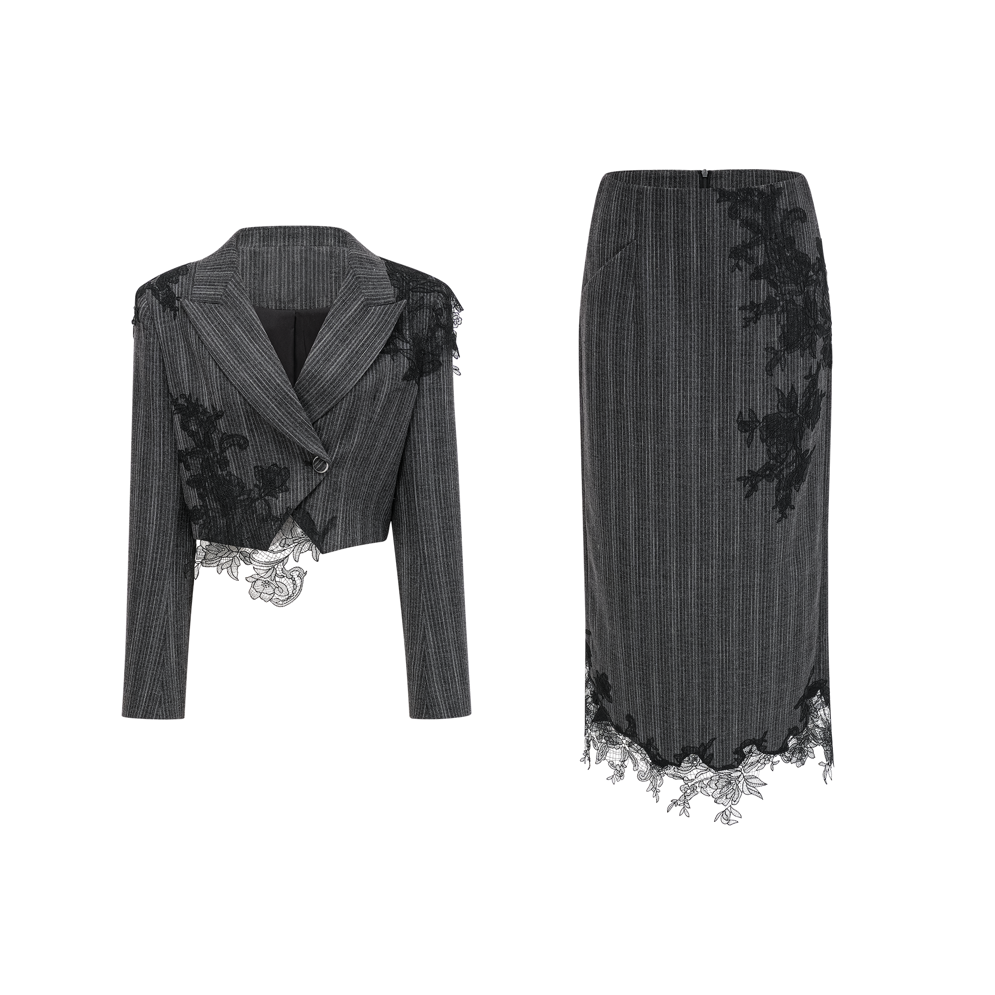 Sidonie Grey Floral Appliqué Striped Blazer & Skirt Set