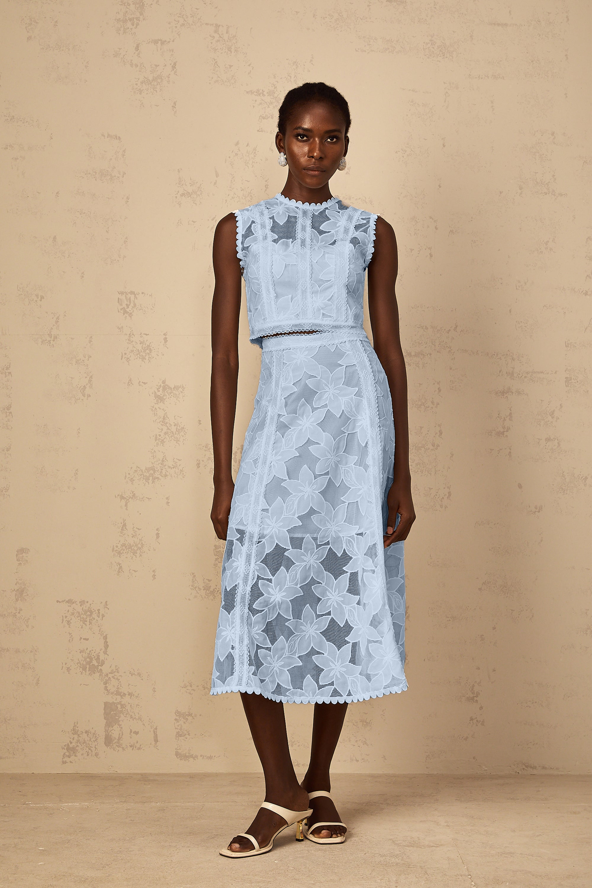 Mailys Blue Floral Embroidered Top & Skirt Set
