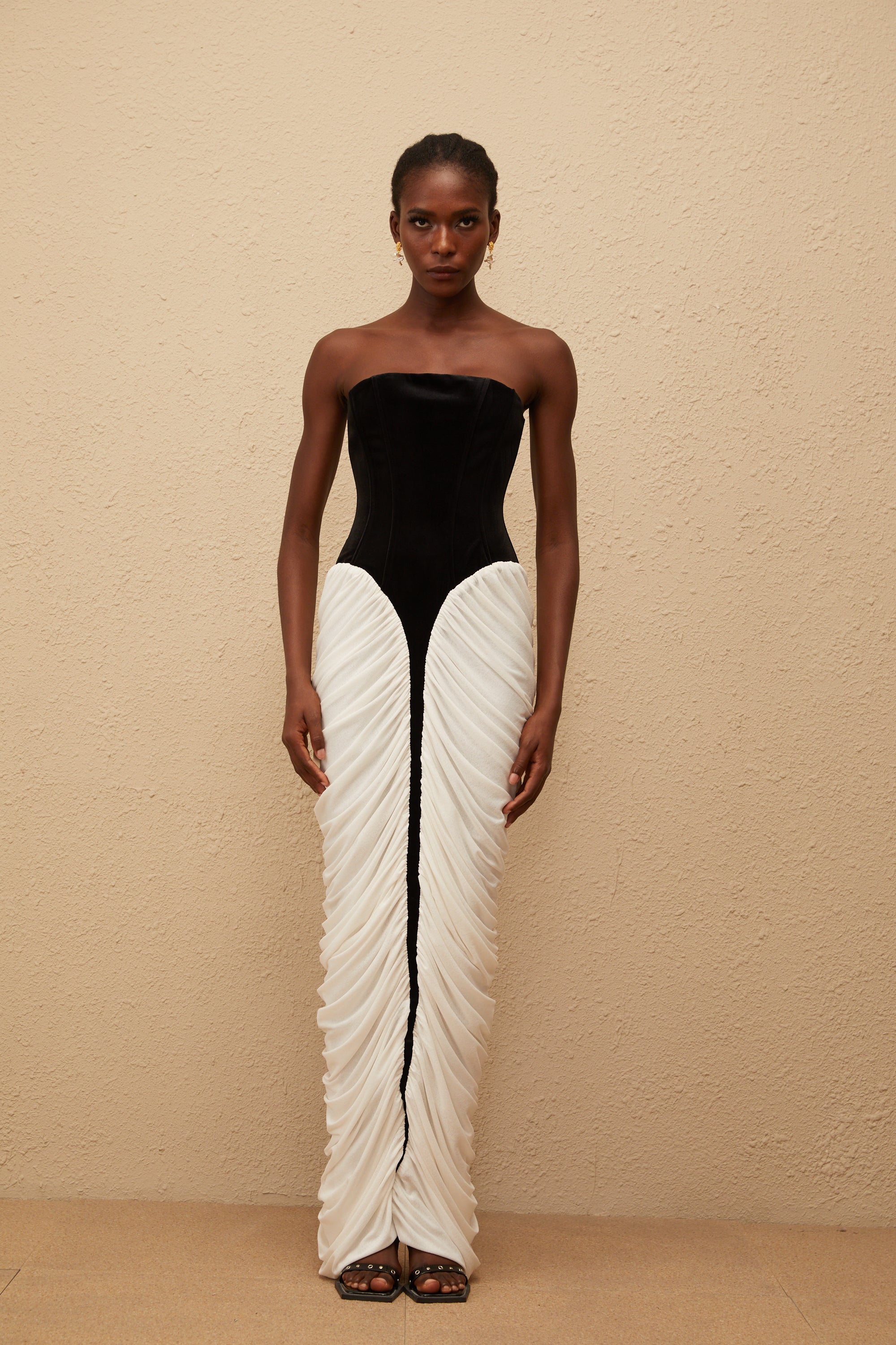 Iris Black Velvet Panel Ruched Maxi Dress