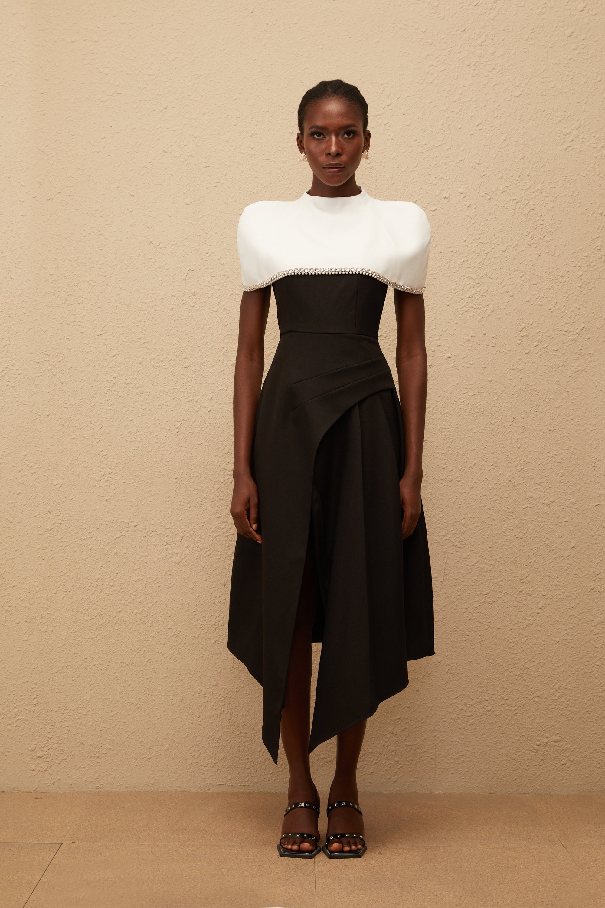 Fabienne Color Block Midi Dress with Embellished Shawl