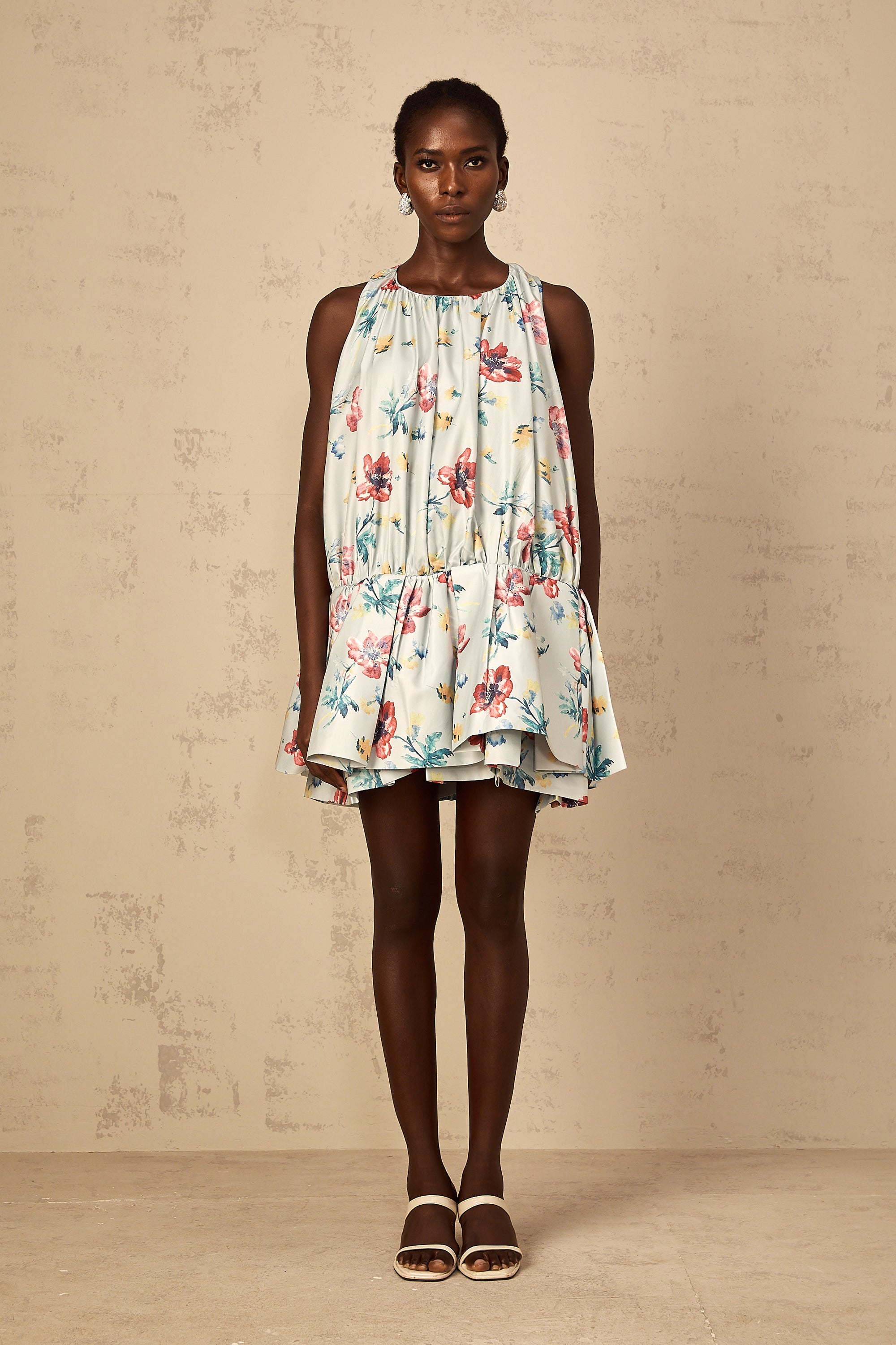 Wendy Green Floral Print Shirred Mini Dress