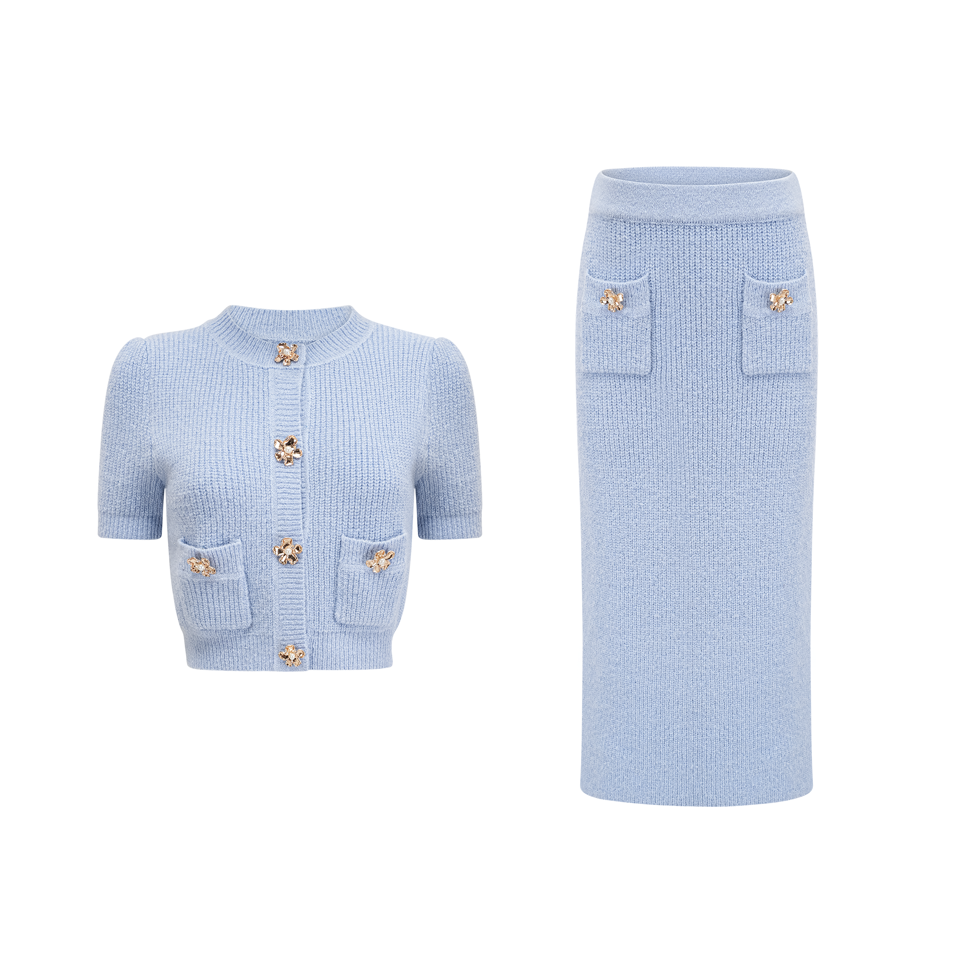 Chantal Blue Knit Two-Piece Blouse and Skirt Set (Final Sale-US Only)