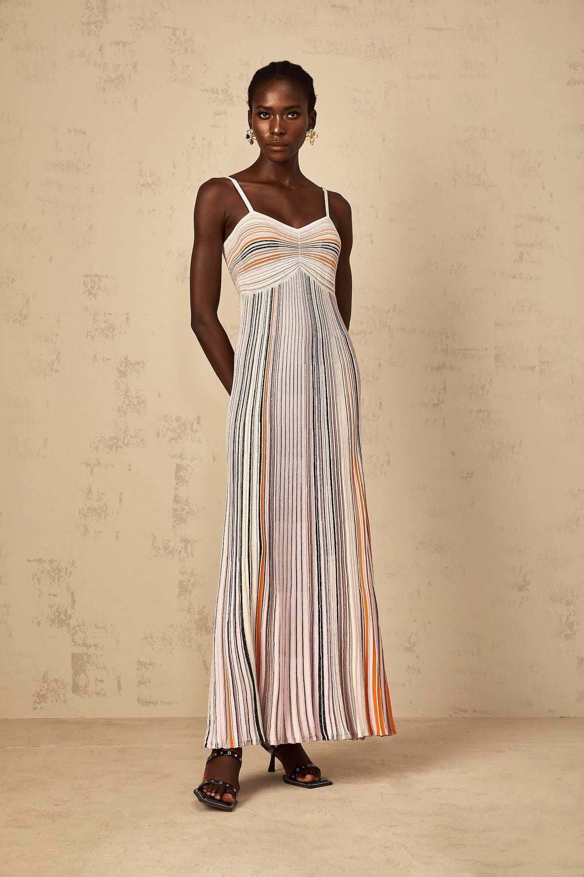 Bruyère Neutral Sequin Striped Knit Maxi Dress