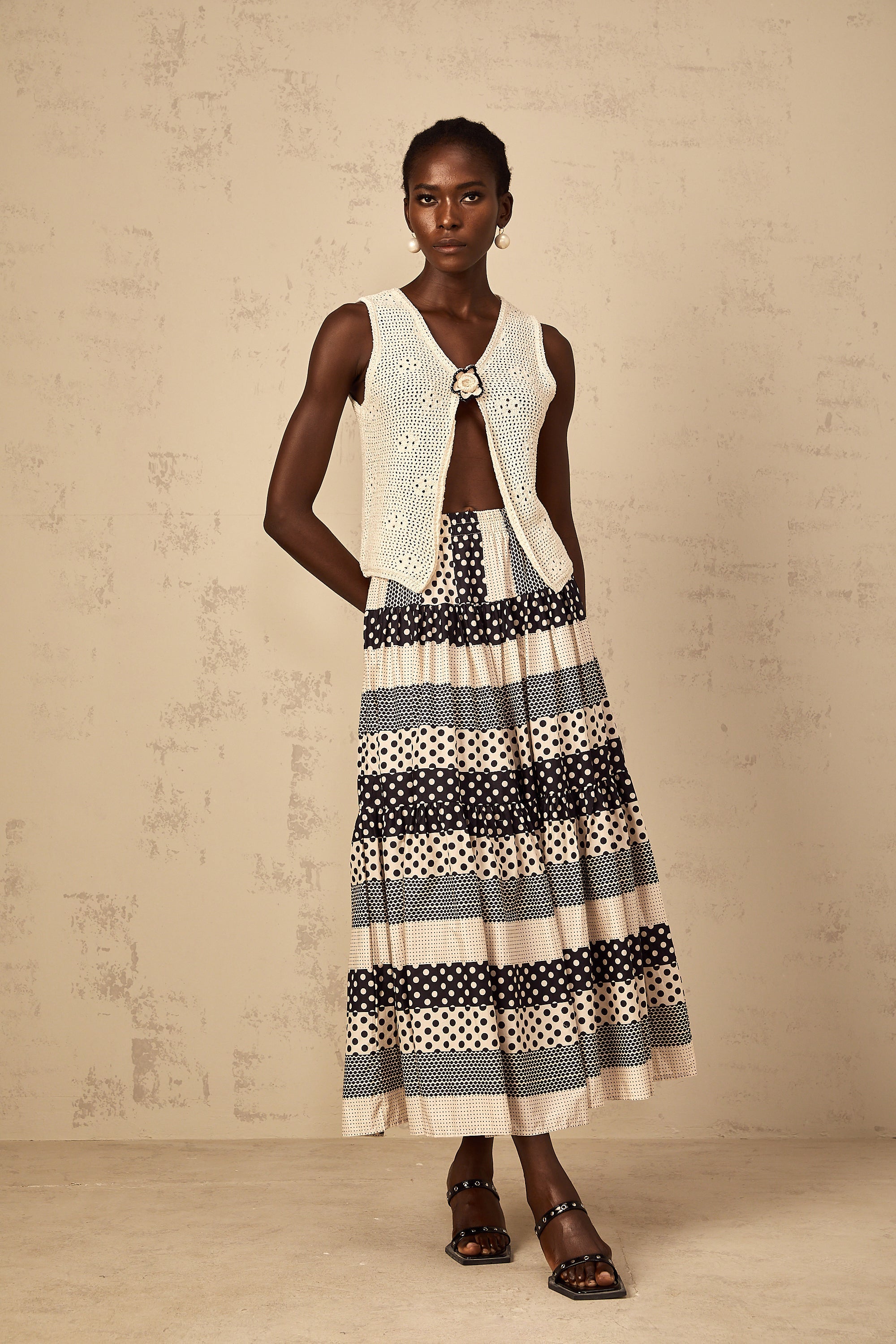 Joséphine Color Block Shirred Polka Dot Skirt