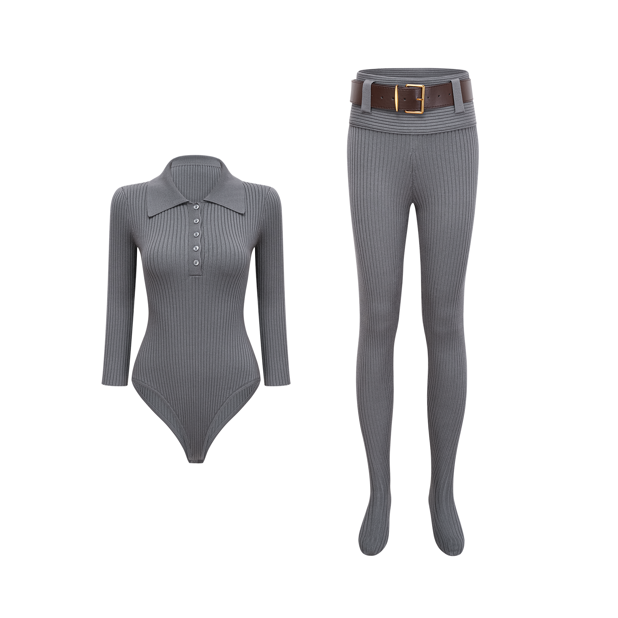 Claire Grey Ribbed Knit Bodysuit & Trousers Set (Final Sale-US Only)