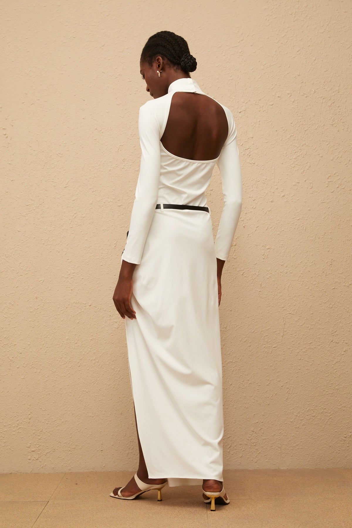 Zephyrine White Gathered Open-Back Maxi Dress