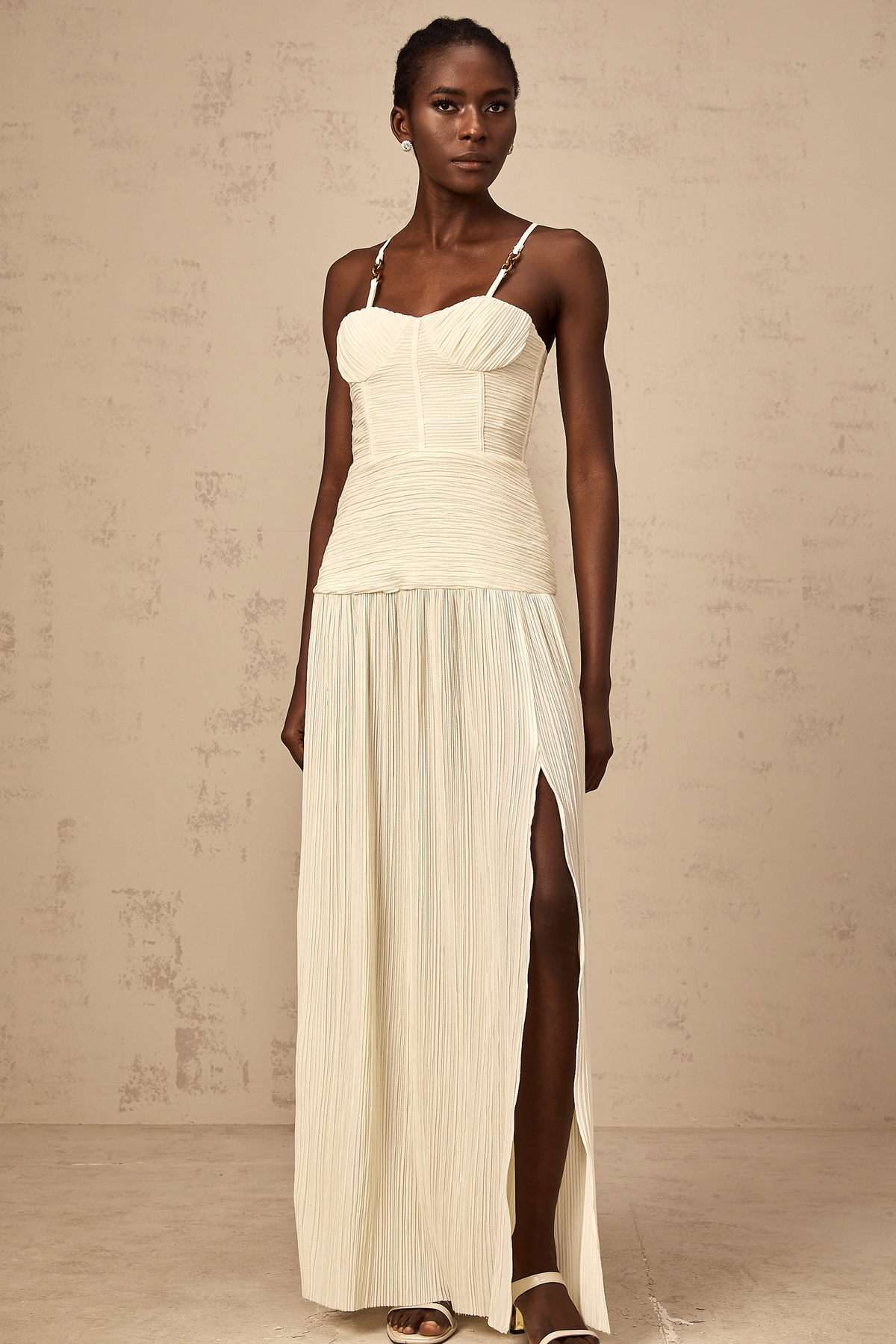 Félicie side-slit pleated maxi dress in Neutrals