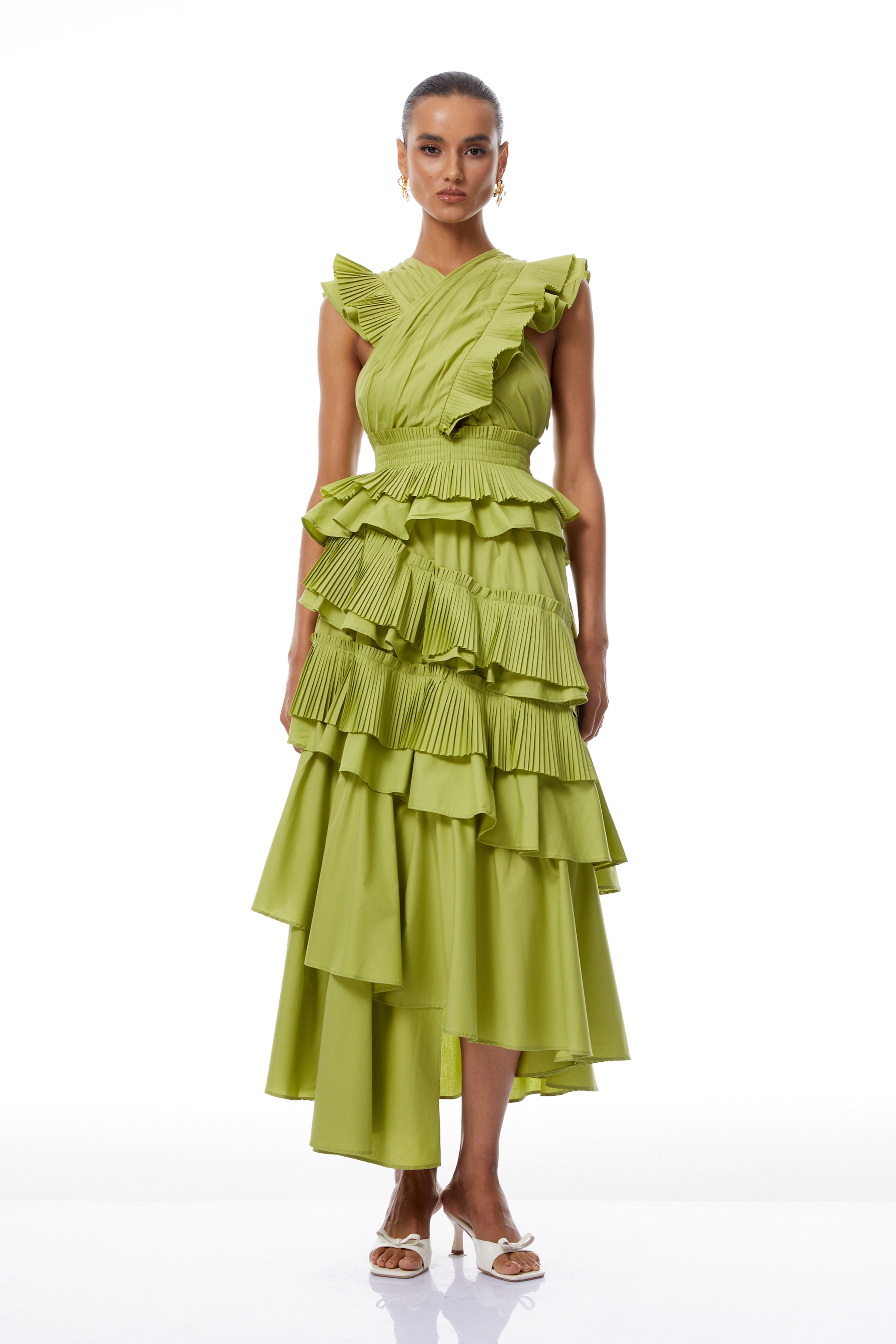 Raffaella Green Asymmetrical Ruffled Tiered Midi Dress