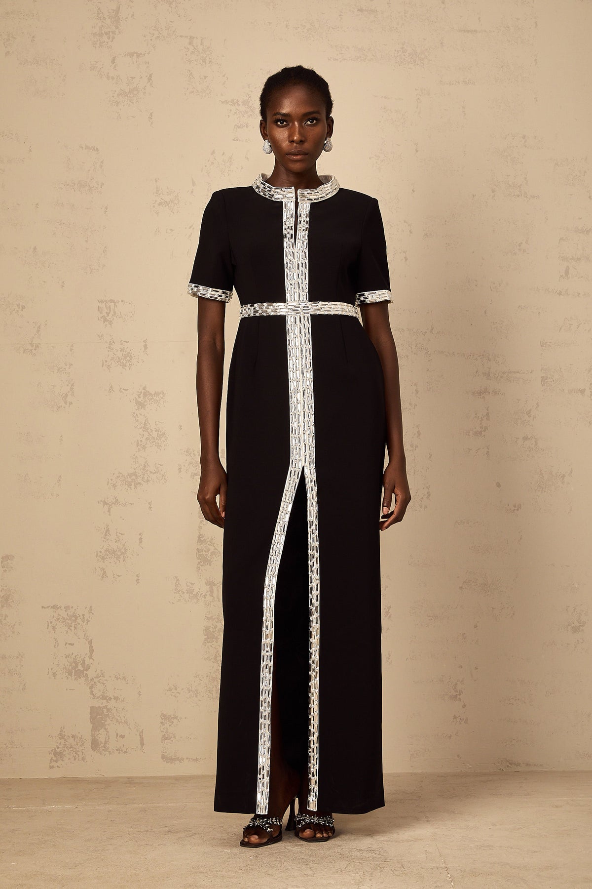 Mylène Black Front Slit Crystal Embellished Maxi Dress