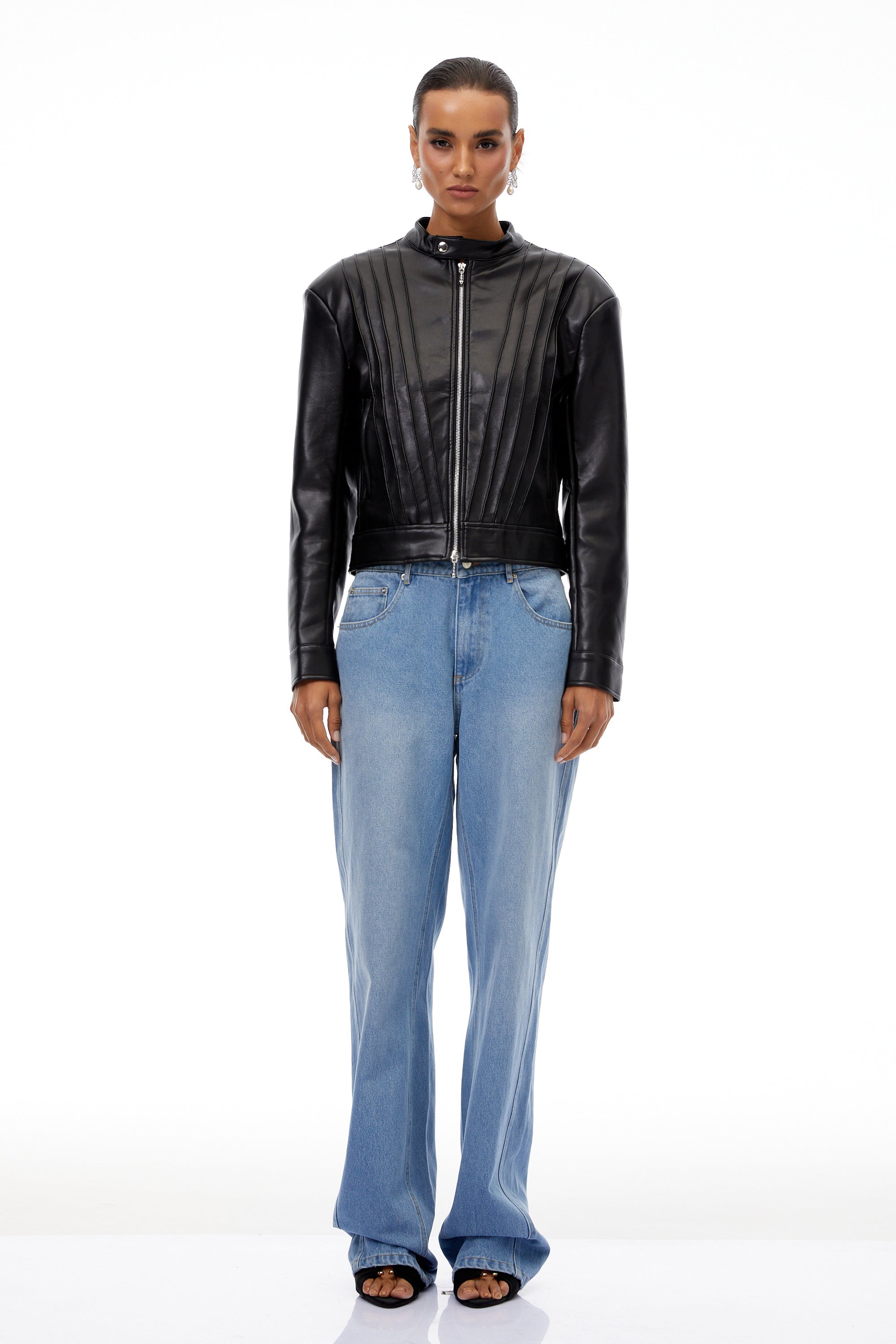 Quitterie Black Pleated Leather Biker Jacket