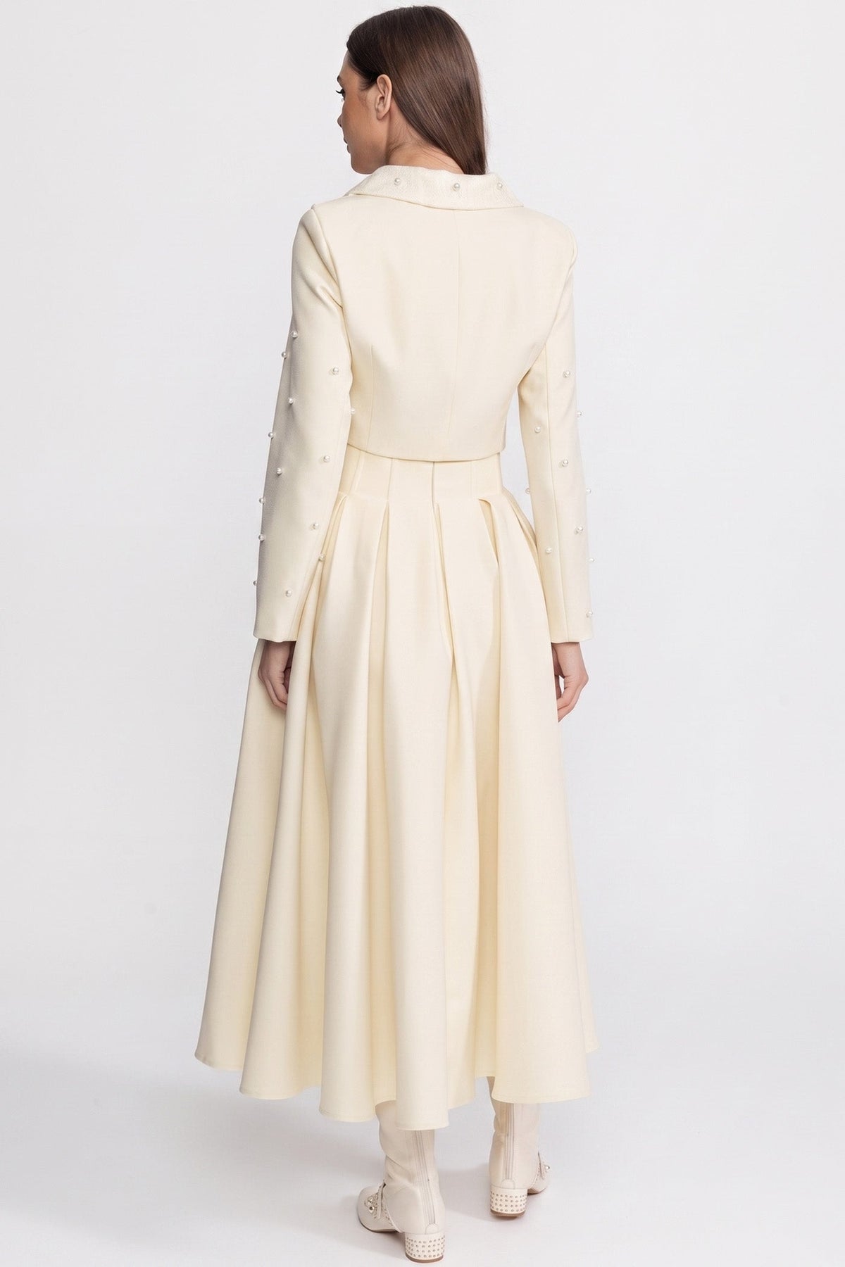 Pearl-Embellished Co-Ord Set with Cropped Jacket and Full Skirt – White