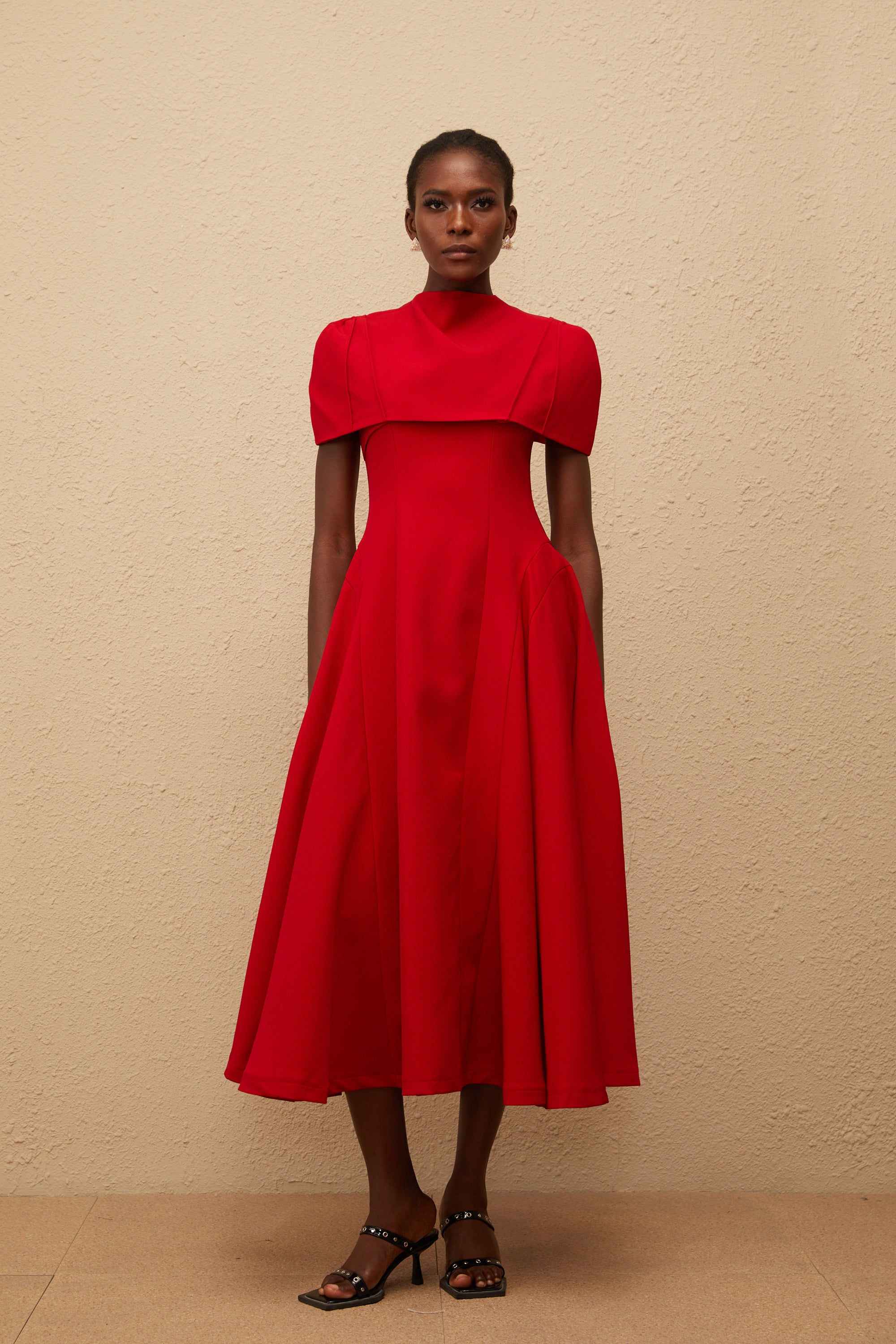 Danaé Red Asymmetrical Midi Dress with Shawl Detail