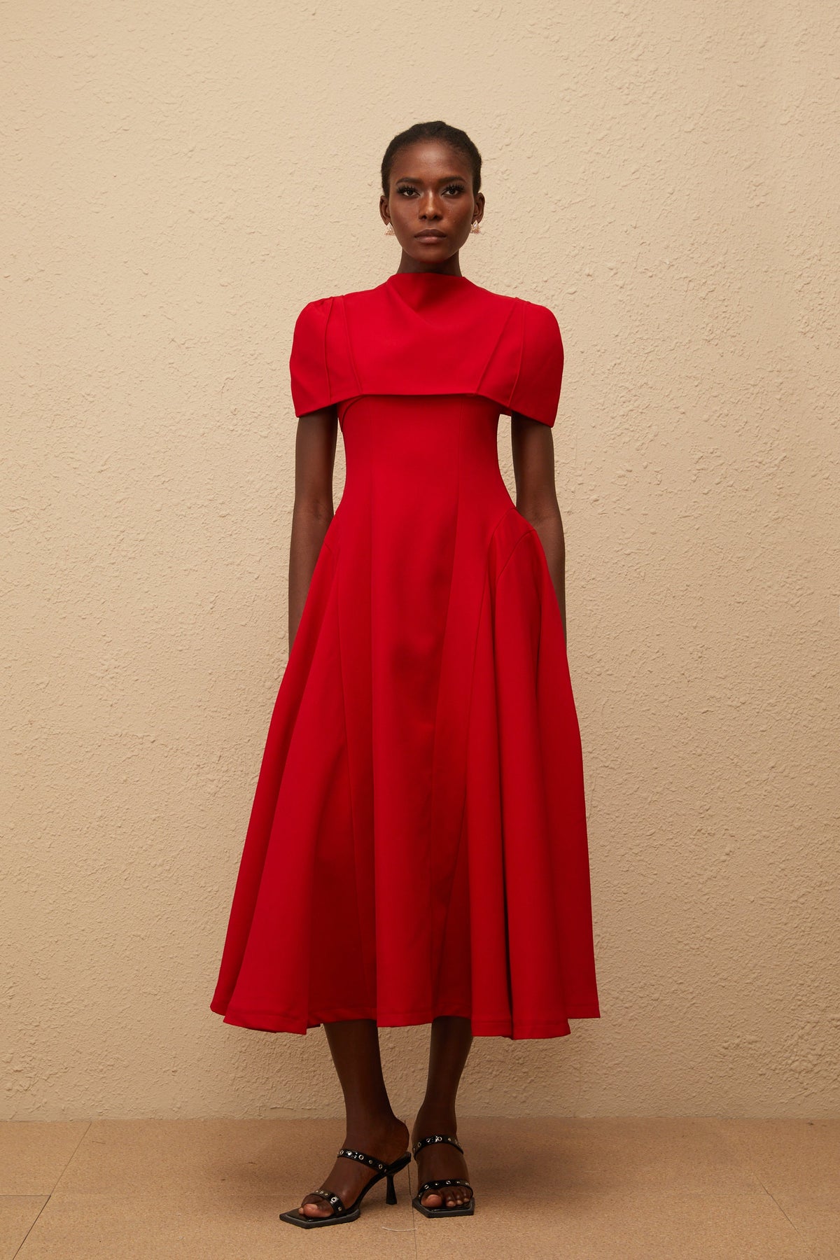 Danaé Red Asymmetrical Midi Dress with Shawl Detail