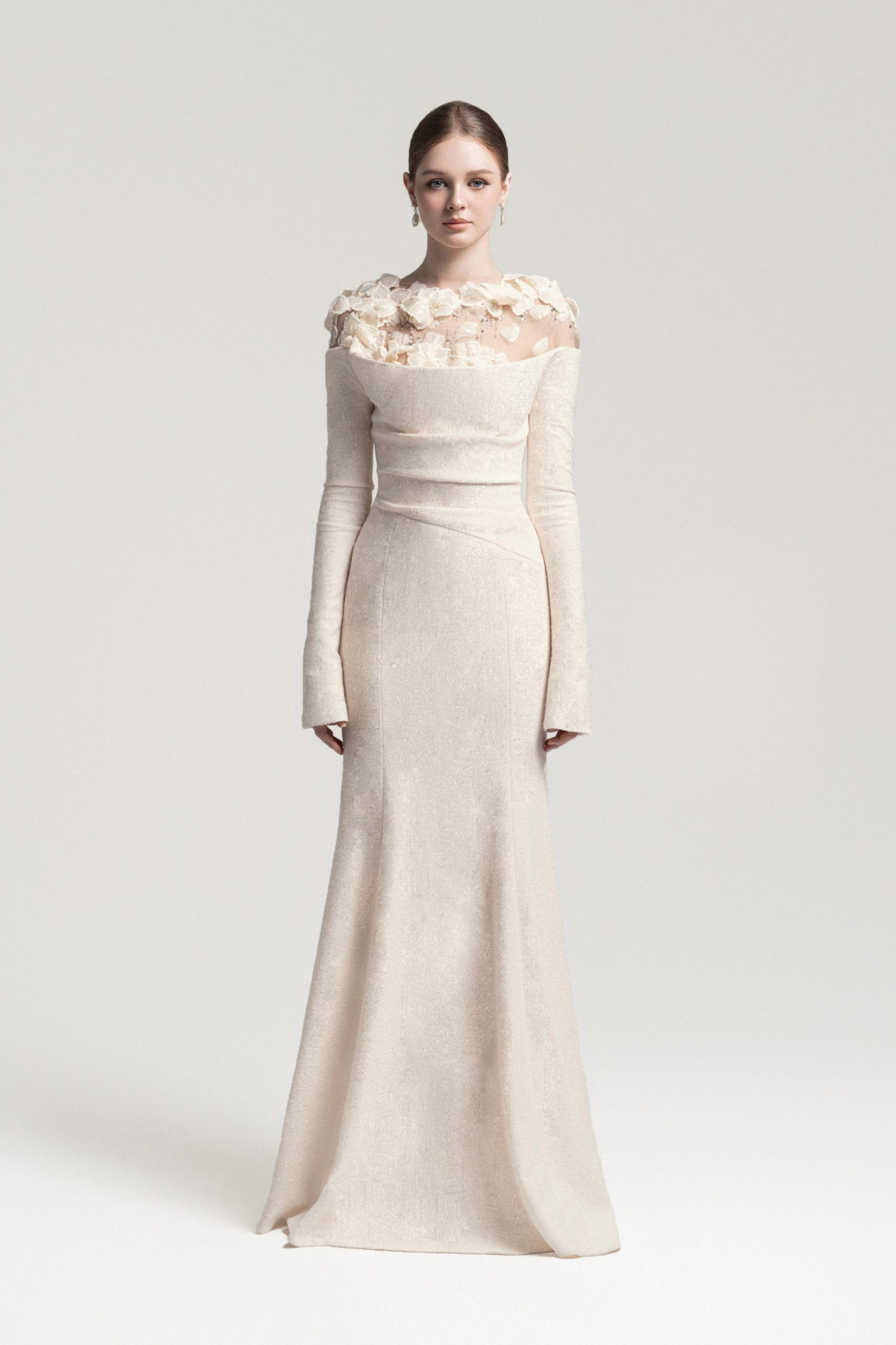 Silvia White Floral Appliqué Off-Shoulder Gown