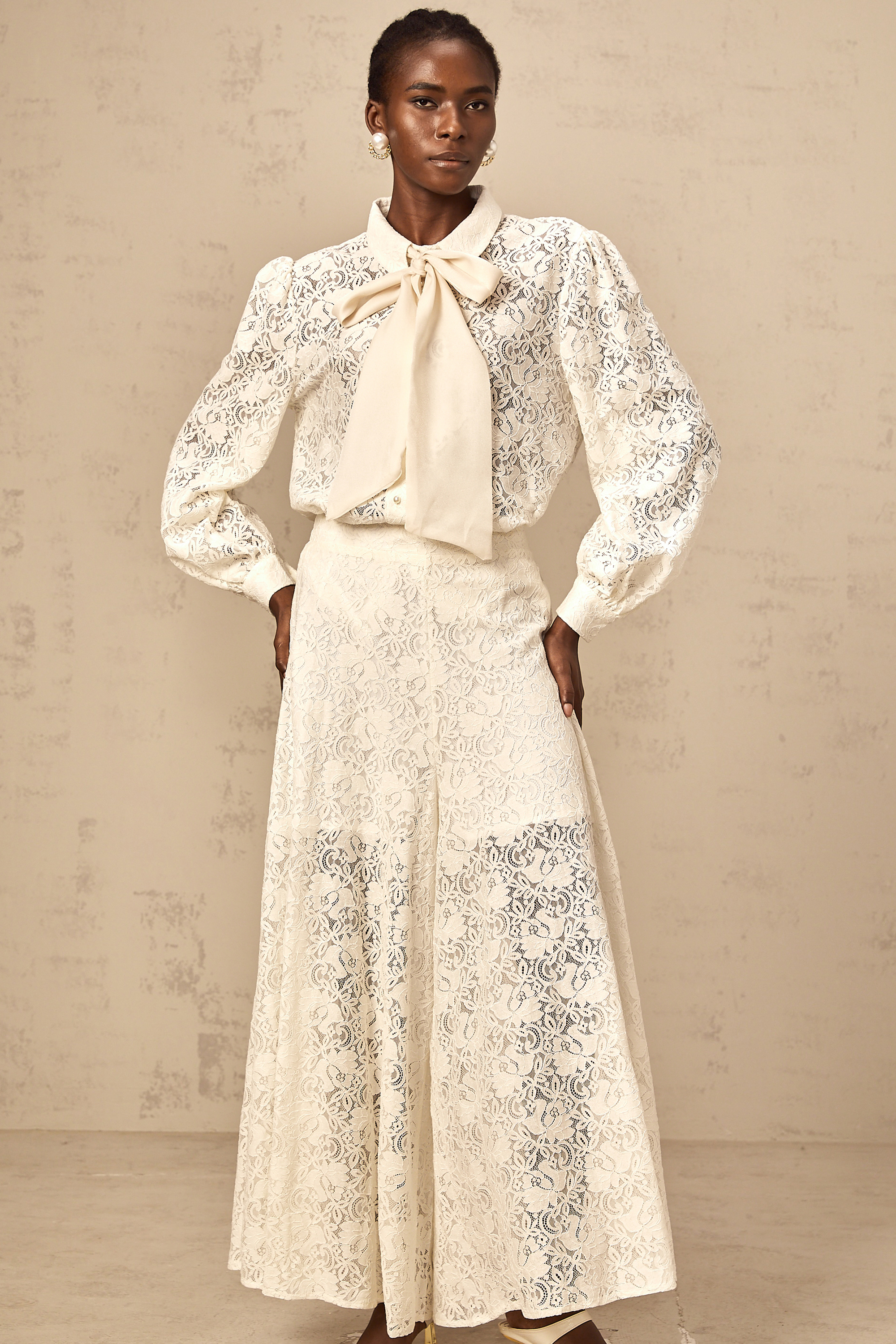 Vanessa white guipure-lace shirt & trousers matching set (Final Sale)