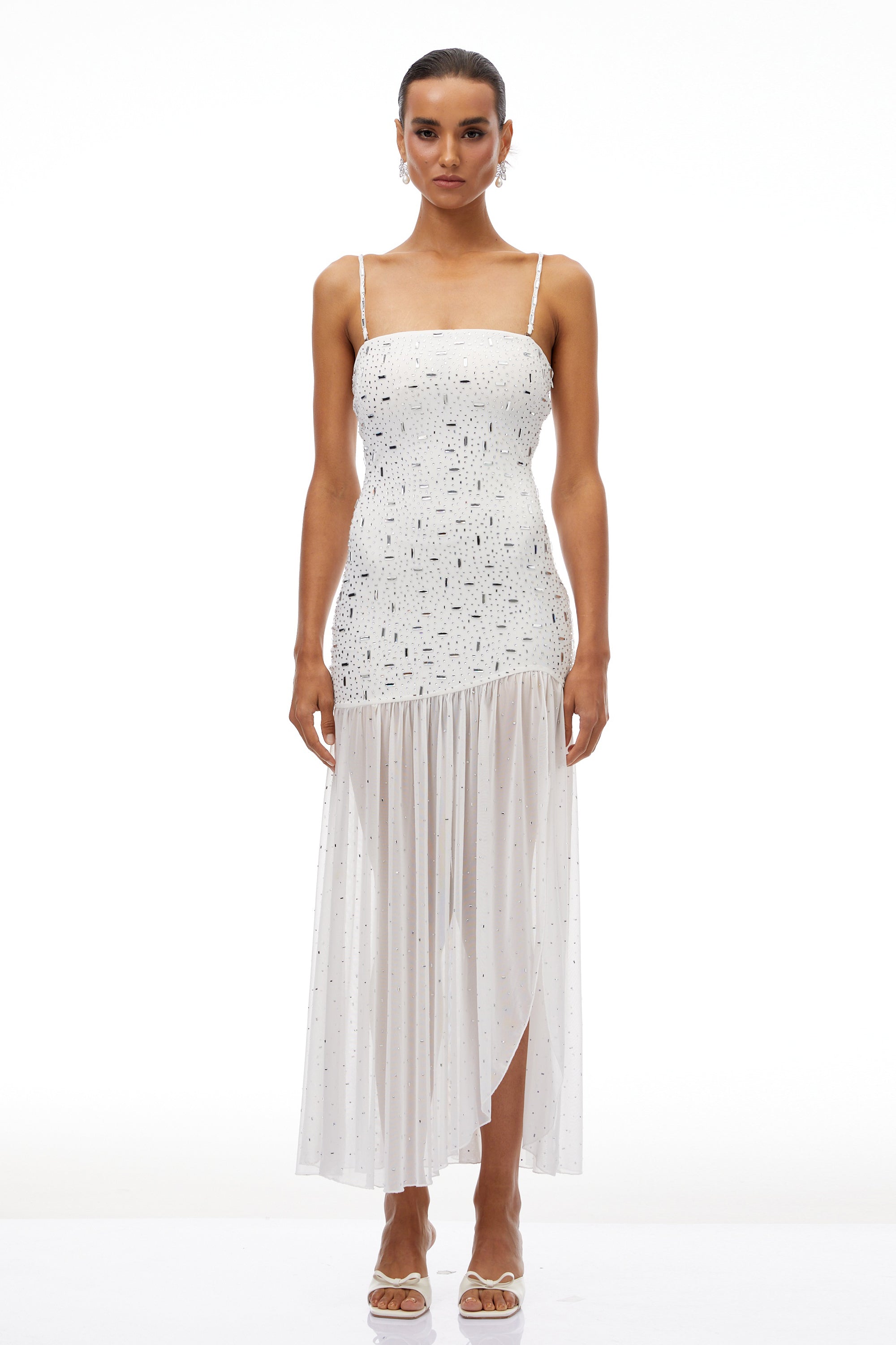 Apollonia White Rhinestone Asymmetrical Maxi Dress