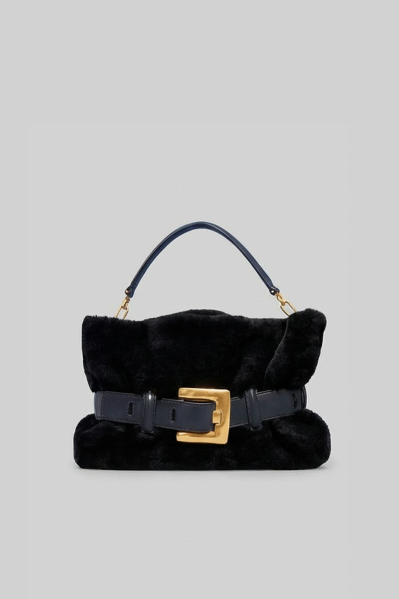 Faux Fur Handbag with Belt Buckle Detail – Black